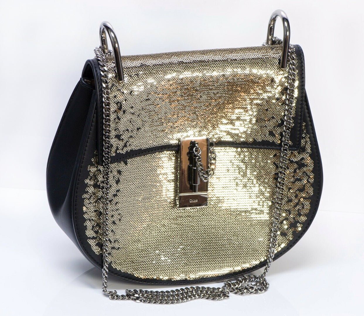 CHLOE "Drew" Sequin Black Leather Medium Crossbody Chain Bag