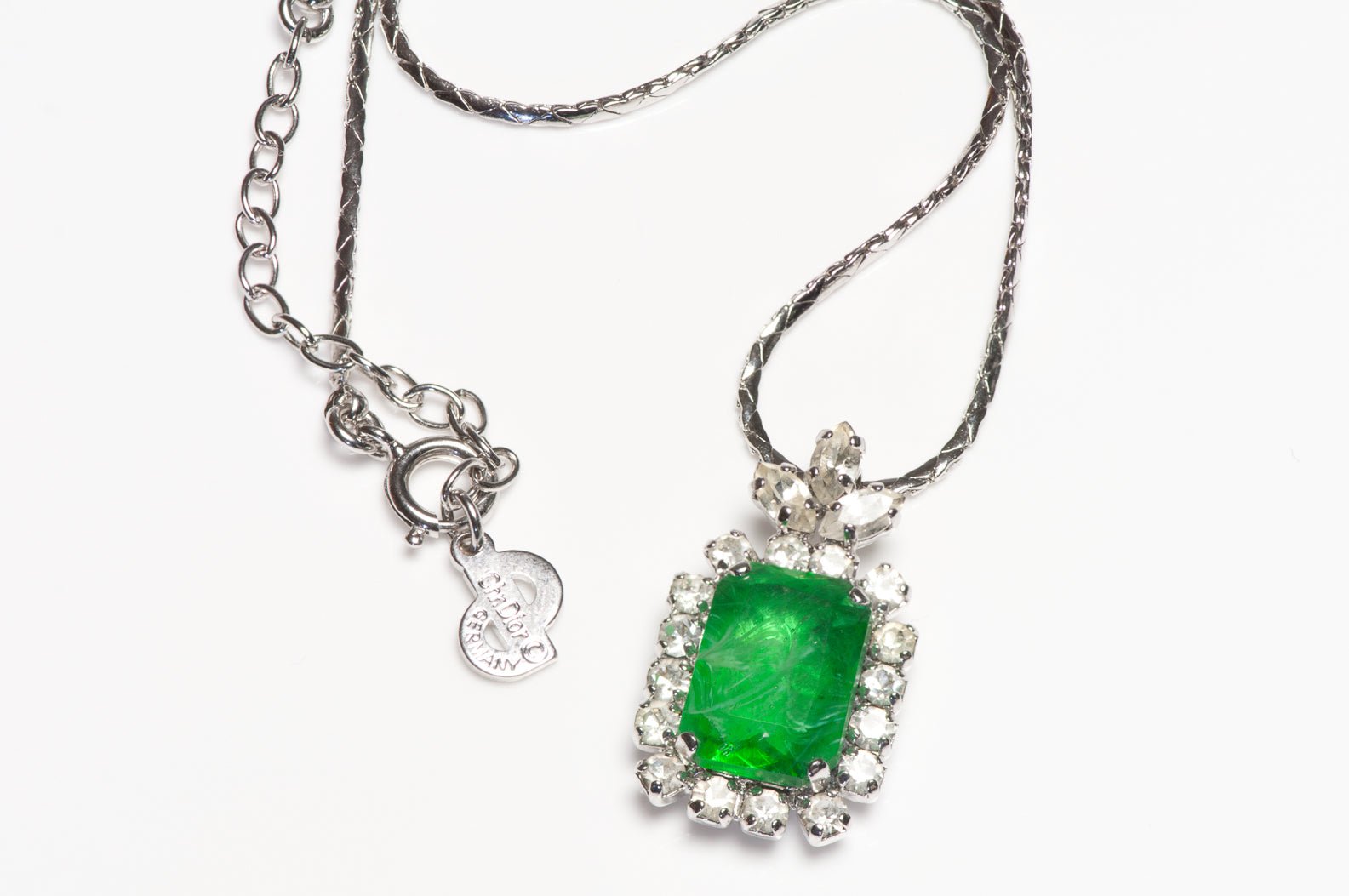 Christian Dior 1970’s Henkel & Grosse Green Crystal Chain Pendant Necklace