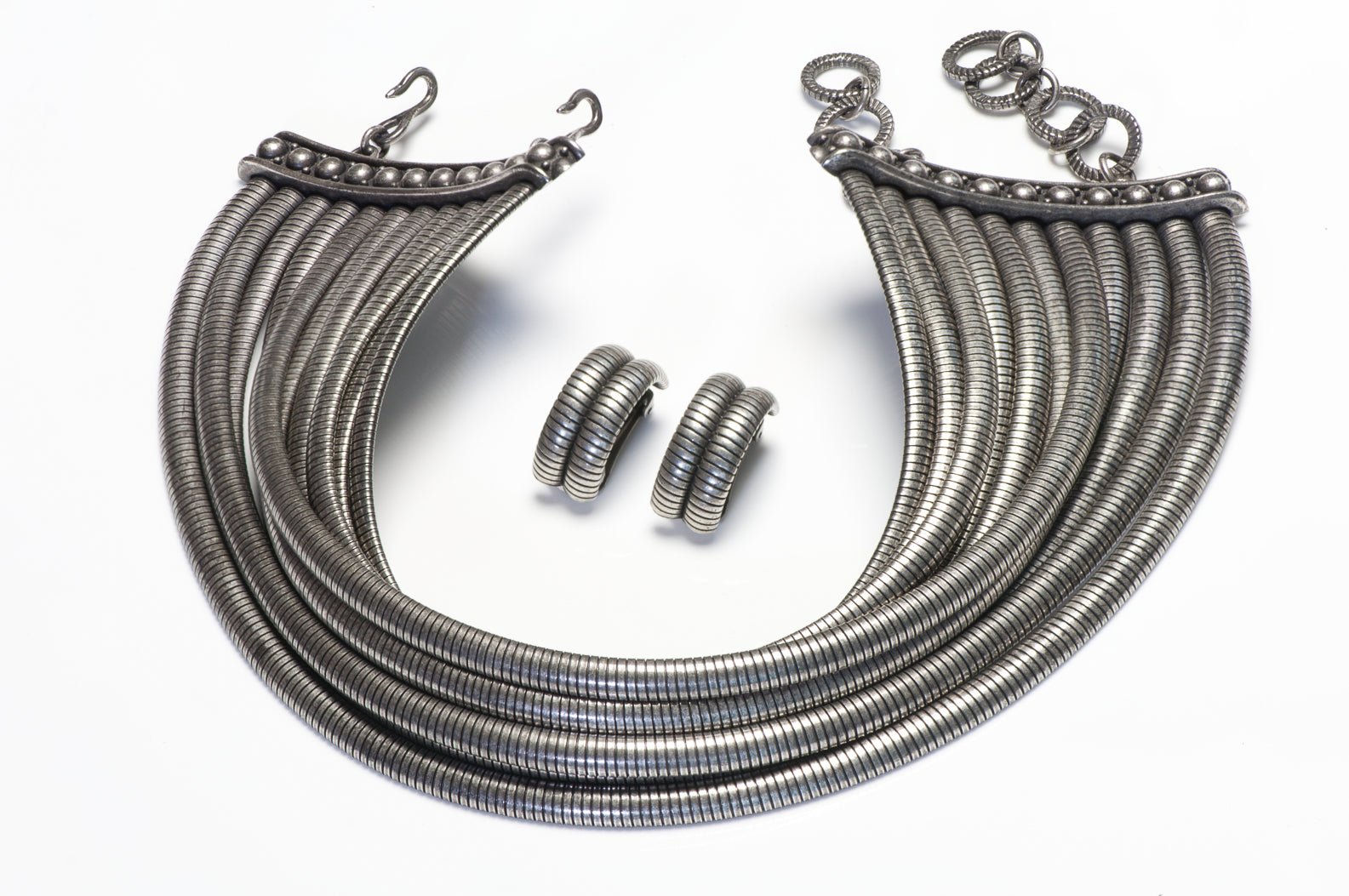 Christian Dior 1990’s Galliano Silver Maasai Tubogas Earrings Choker Necklace Set