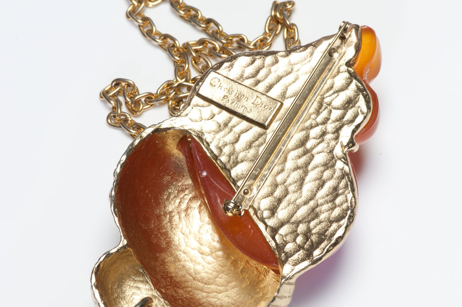 Christian Dior 1990’s Goossens Dune Perfume Orange Resin Shell Pendant Brooch