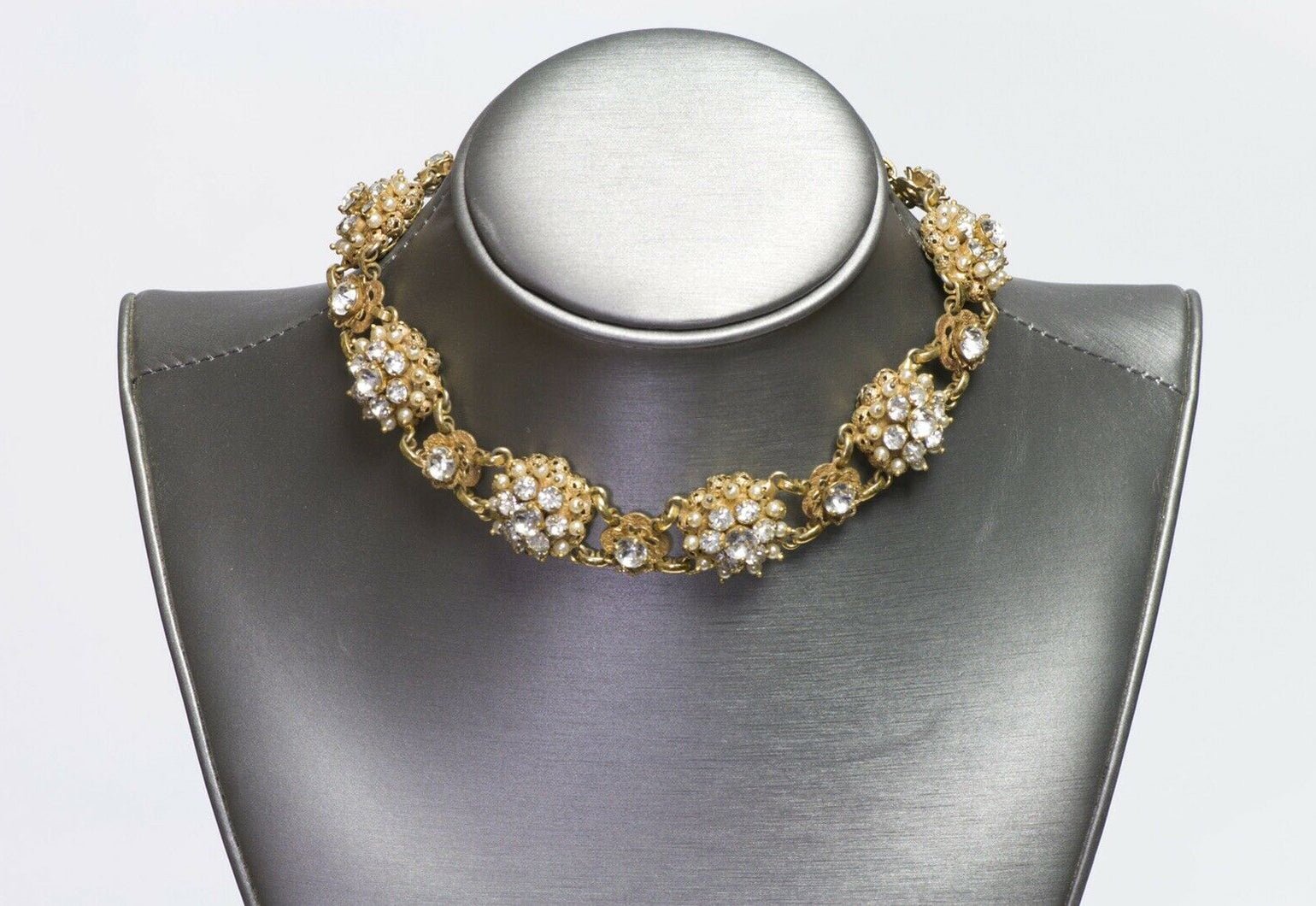 Christian DIOR by Kramer New York 1950’s Faux Pearl Crystal Choker Necklace