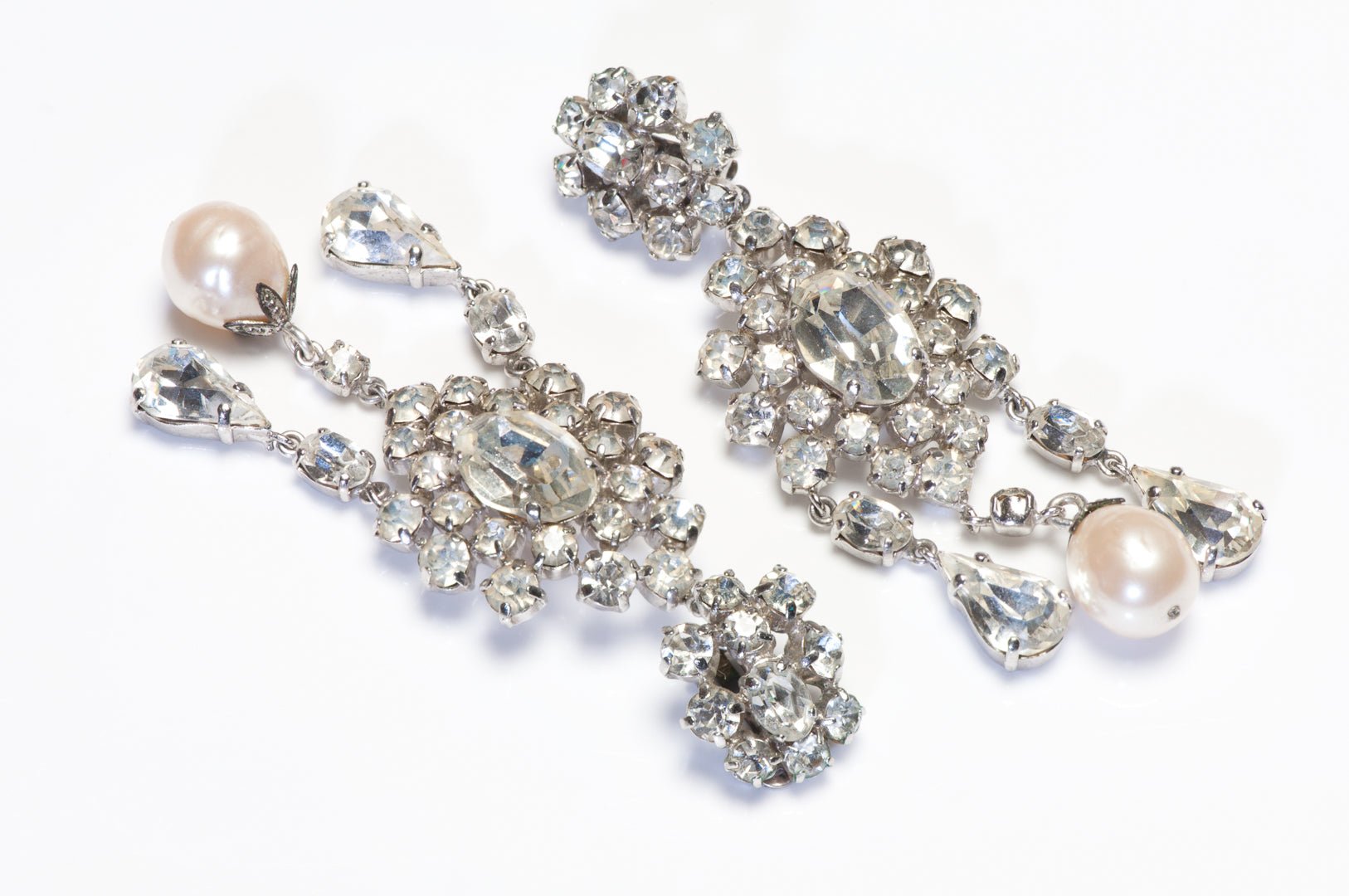 Christian Dior Couture 1990’s Galliano Long Cystal Pearl Chandelier Earrings