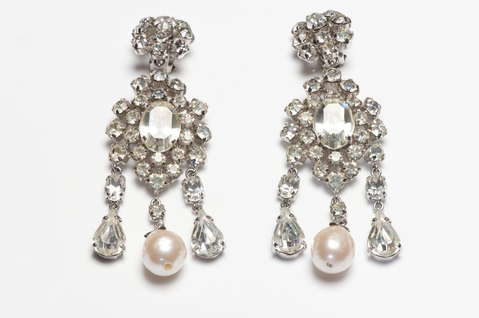 Christian Dior Couture 1990’s Galliano Long Cystal Pearl Chandelier Earrings