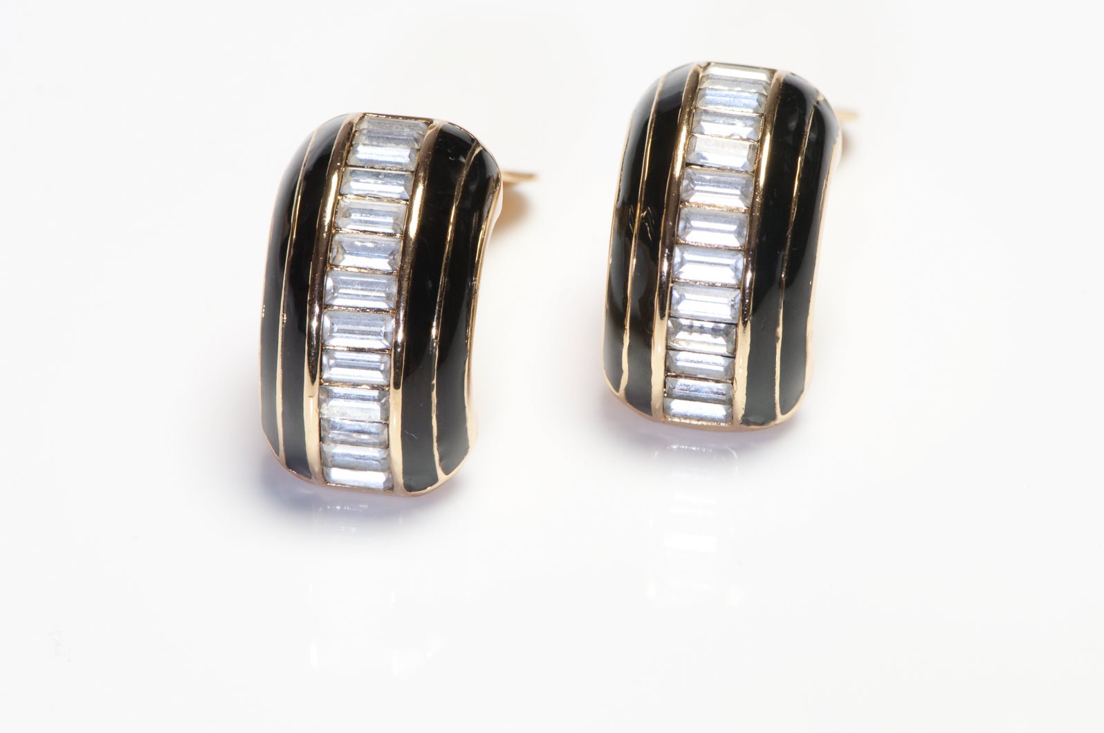 Christian Dior Gold Plated Black Enamel Crystal Hoop Earrings