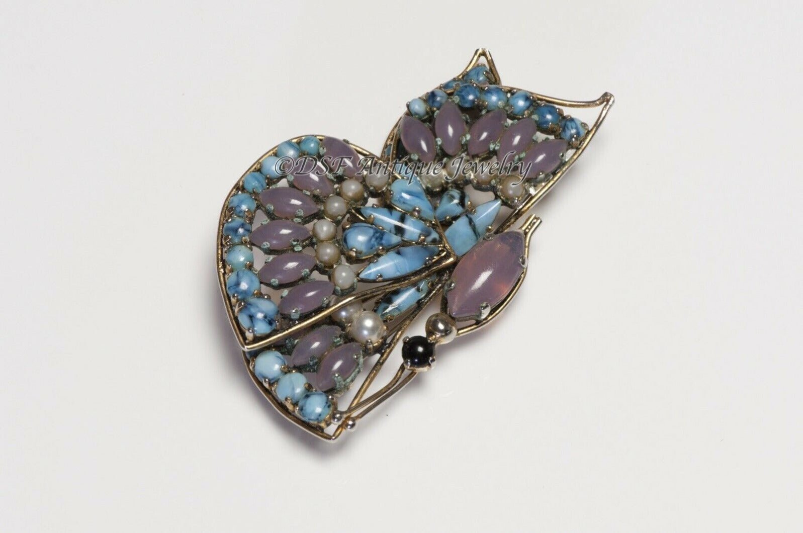 Christian Dior Henkel & Grosse 1964 Blue Pink Glass Faux Pearl Butterfly Brooch