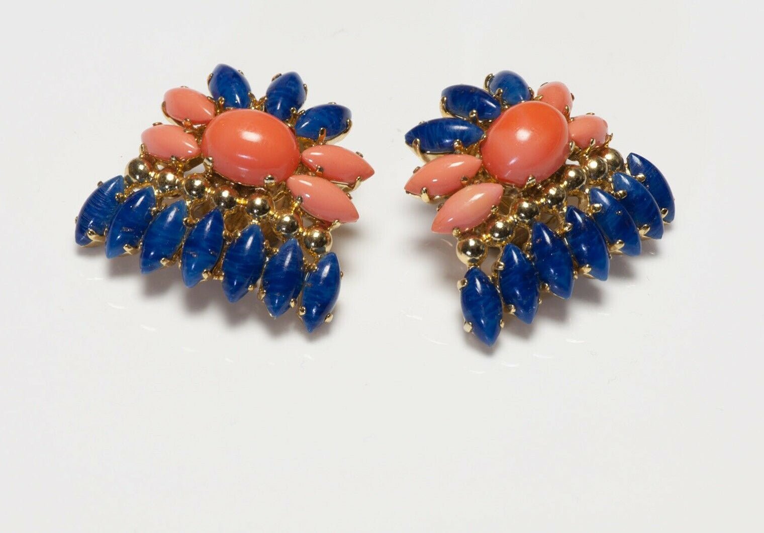 Christian Dior Henkel & Grosse 1969 Blue Orange Glass Flower Earrings