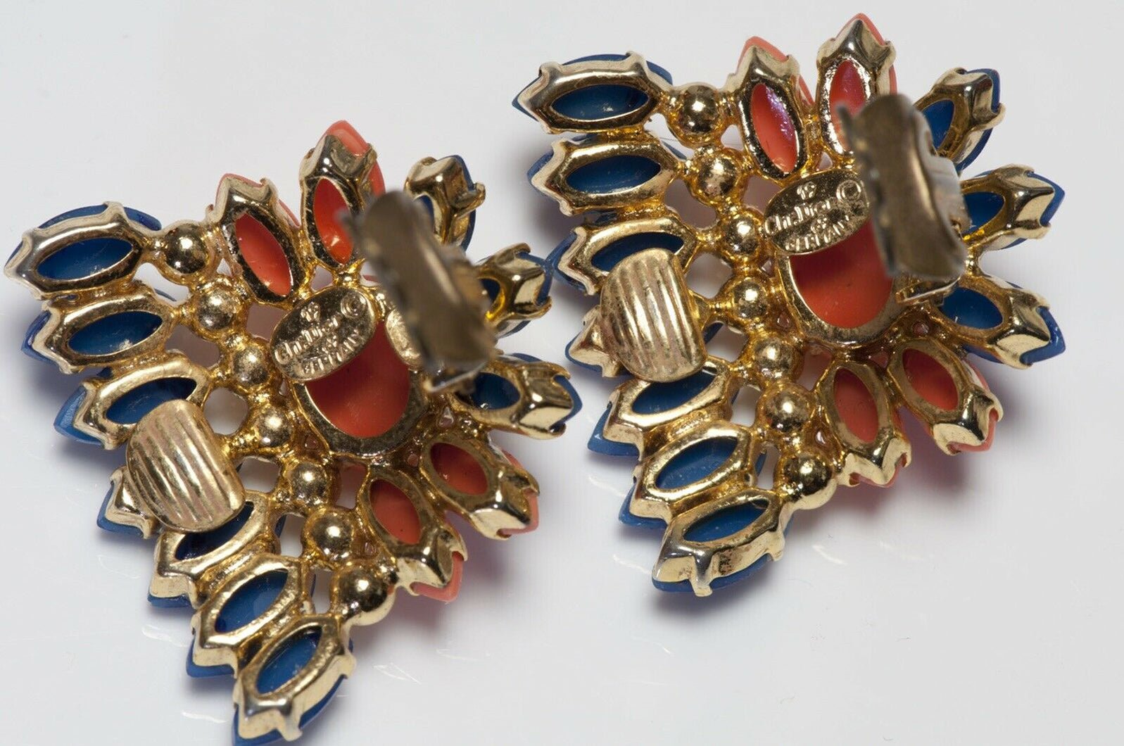 Christian Dior Henkel & Grosse 1969 Blue Orange Glass Flower Earrings