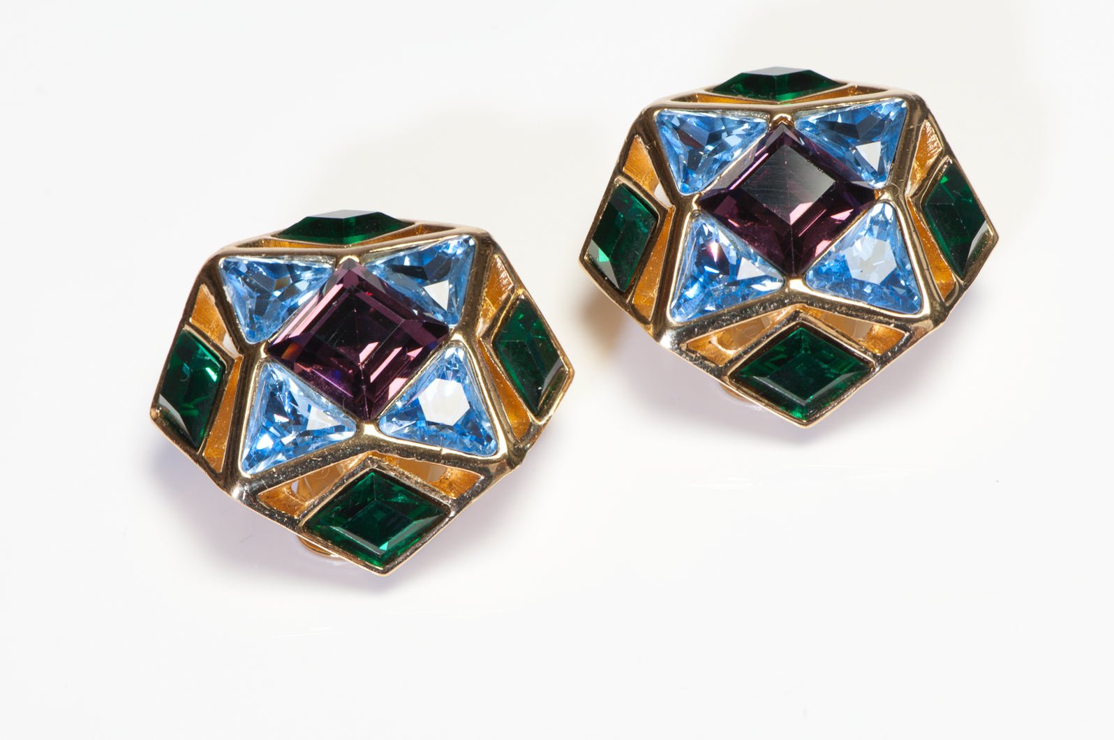 Christian Dior Large Blue Green Purple Crystal Geometric Earrings