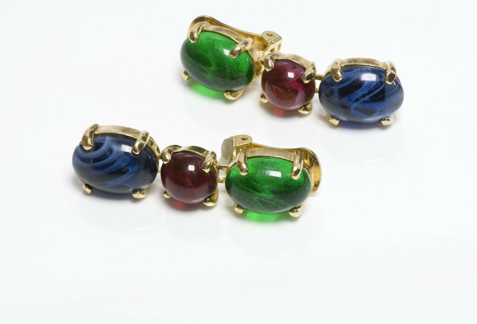 Christian DIOR Long Green Red Blue Cabochon Glass Earrings