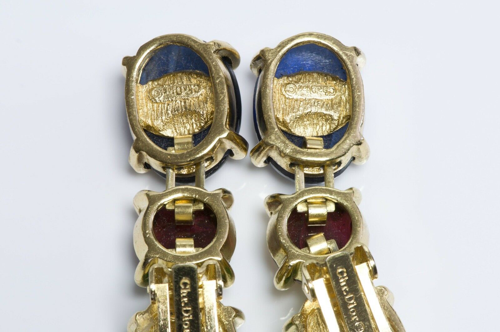 Christian DIOR Long Green Red Blue Cabochon Glass Earrings