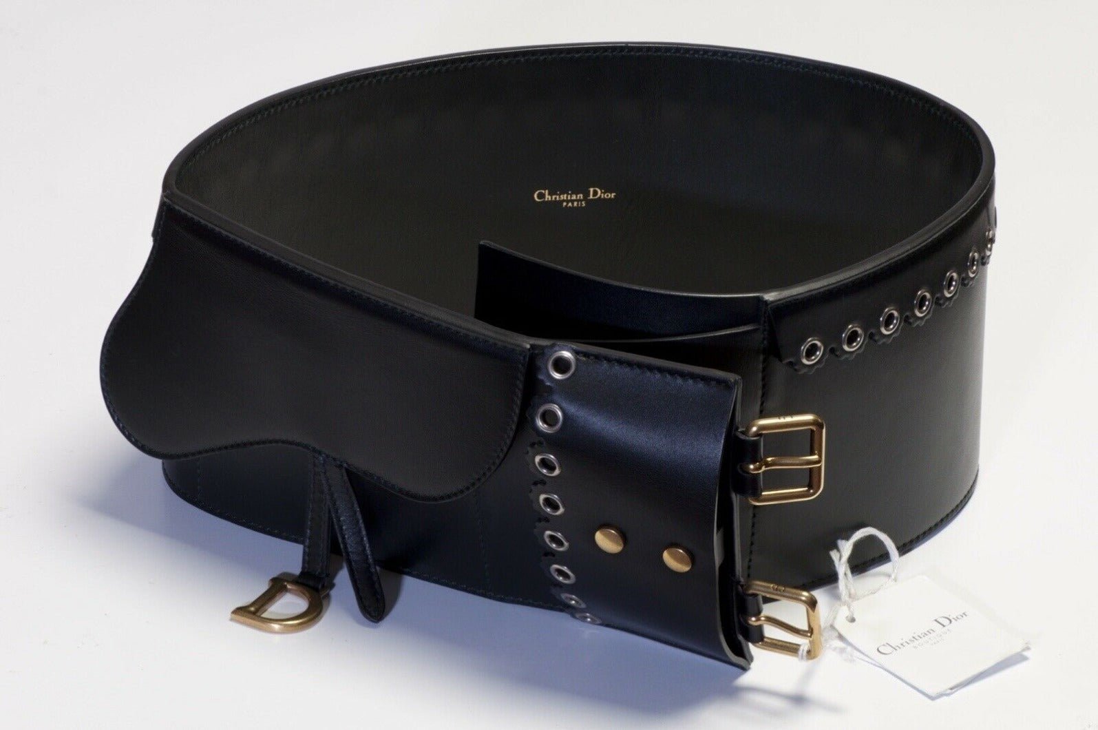 Christian Dior Wide Black Leather Saddle Bag Waist Belt