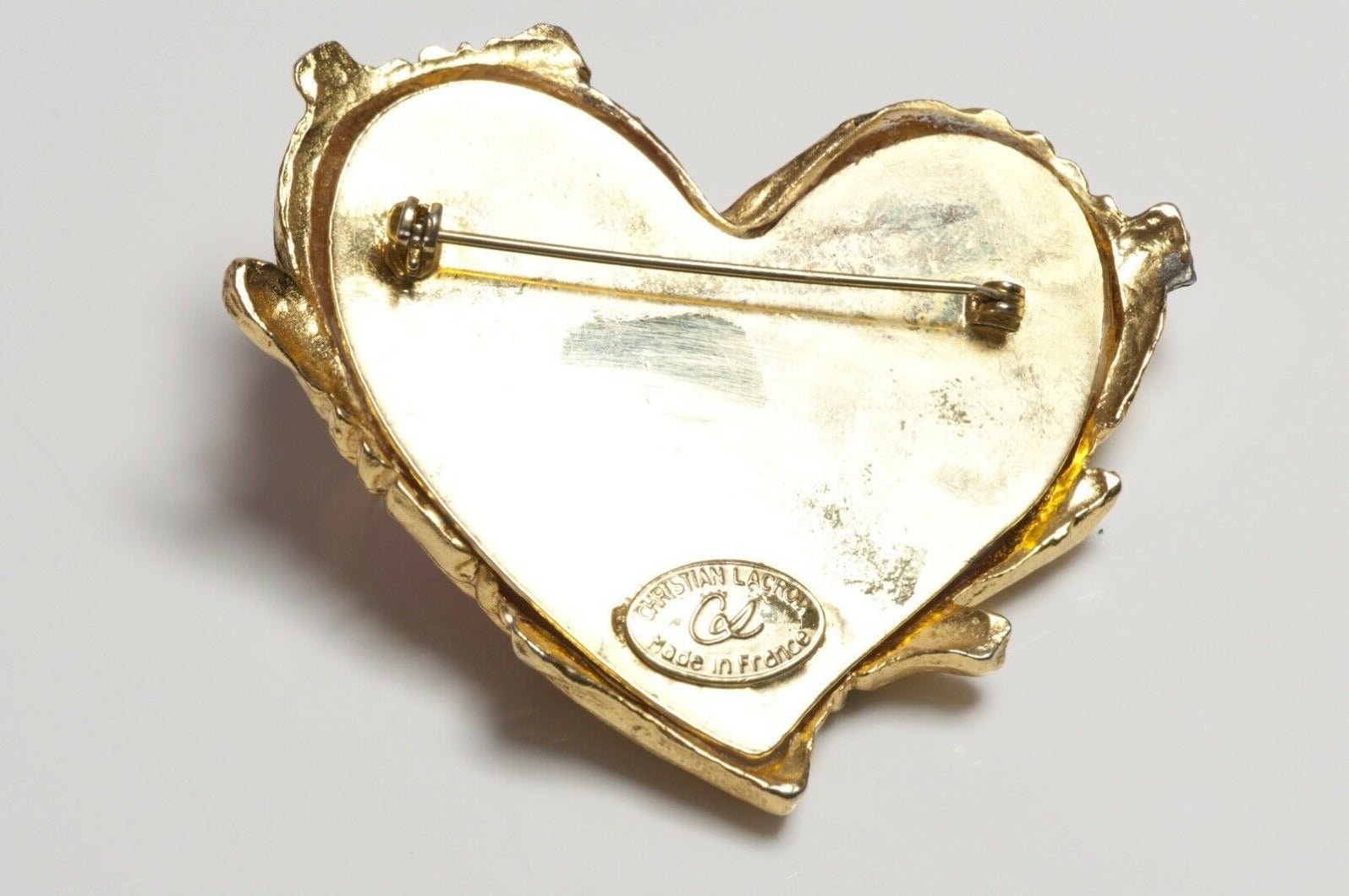 Christian Lacroix Paris Gold Plated Pink Resin Logo Heart Brooch