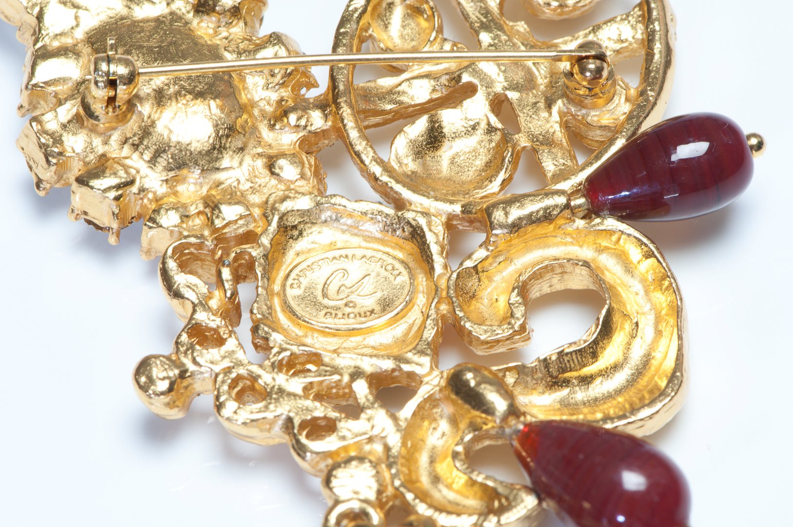Christian Lacroix Paris Large Orange Enamel Red Glass Beads Rock Crystal Brooch