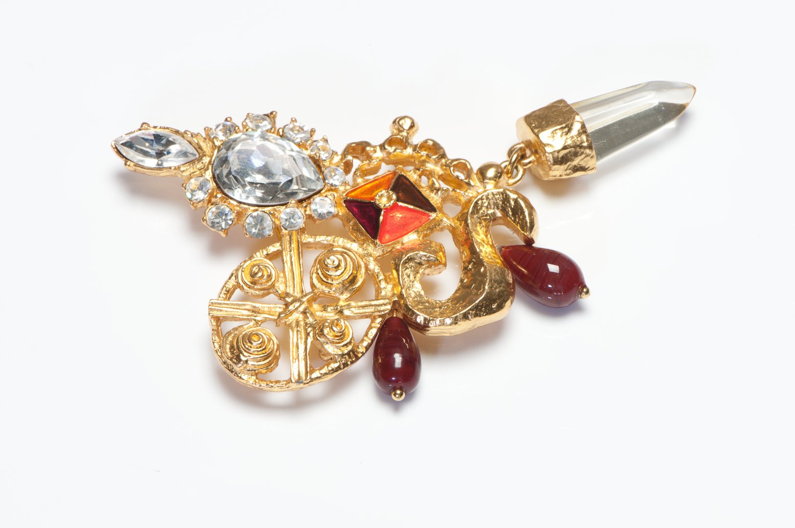 Christian Lacroix Paris Large Orange Enamel Red Glass Beads Rock Crystal Brooch