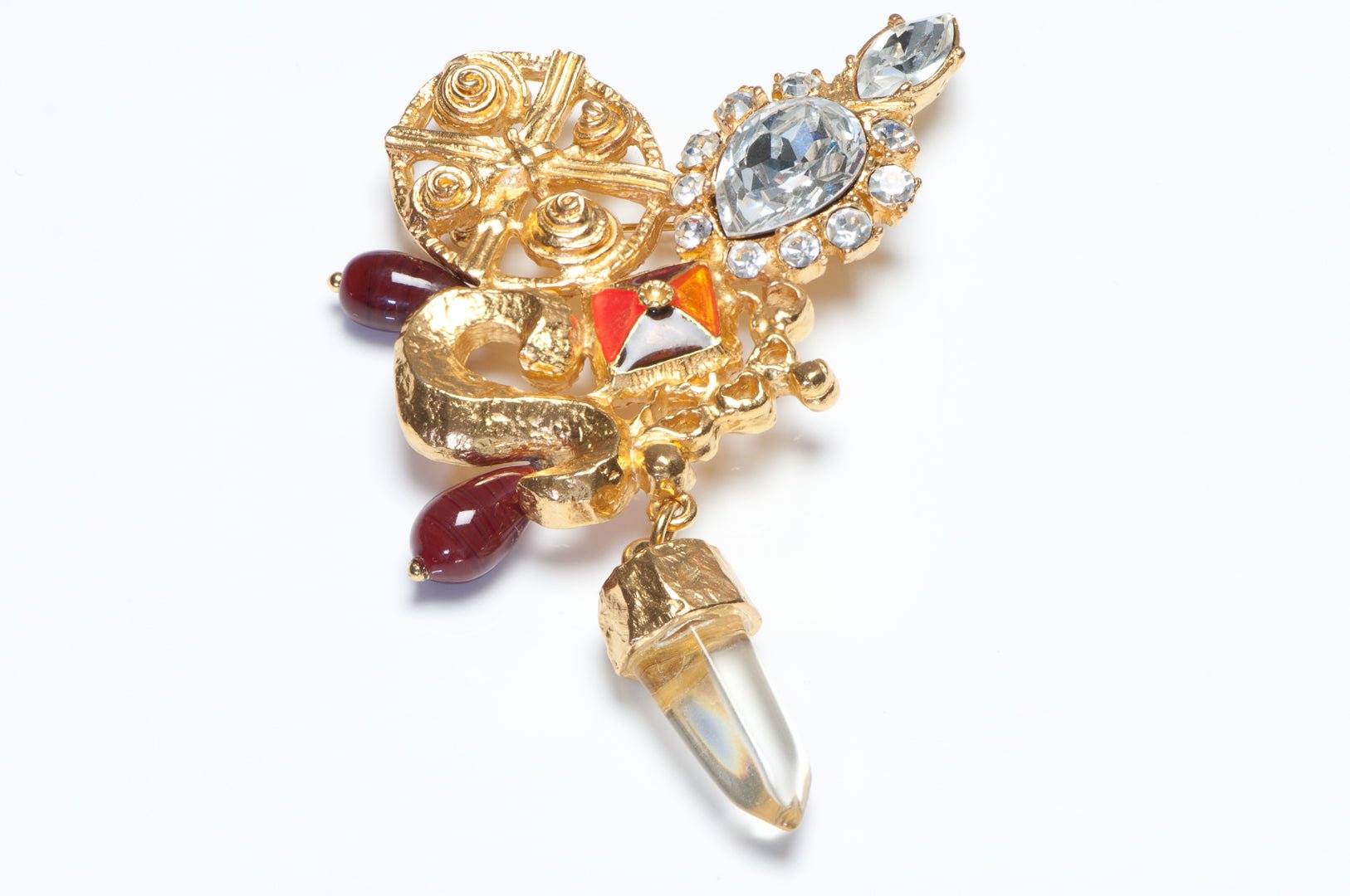 Christian Lacroix Paris Large Orange Enamel Red Glass Beads Rock Crystal Brooch