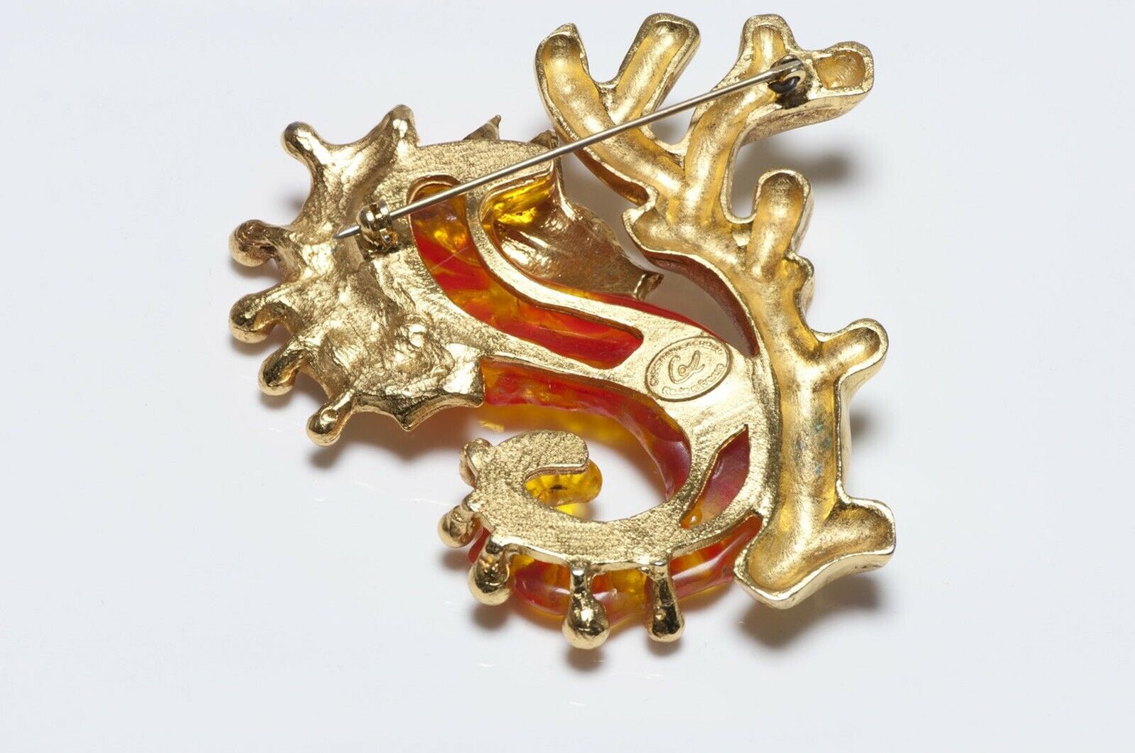 Christian Lacroix Paris Orange Lucite Crystal Seahorse Brooch