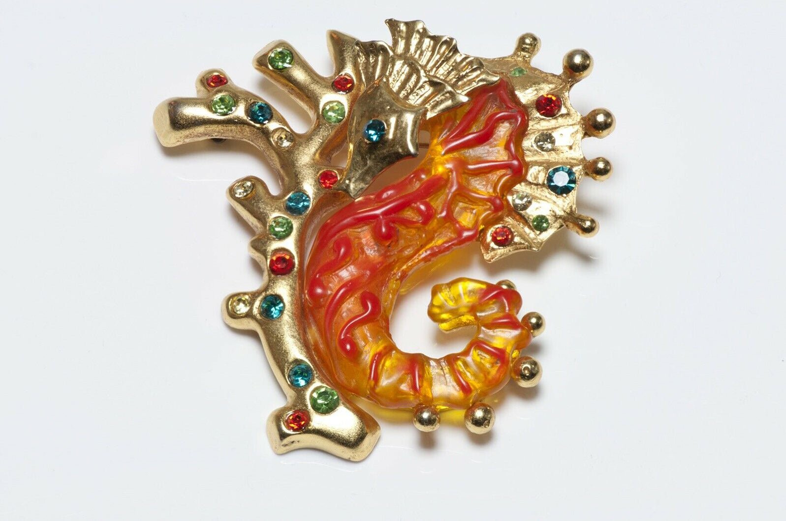 Christian Lacroix Paris Orange Lucite Crystal Seahorse Brooch