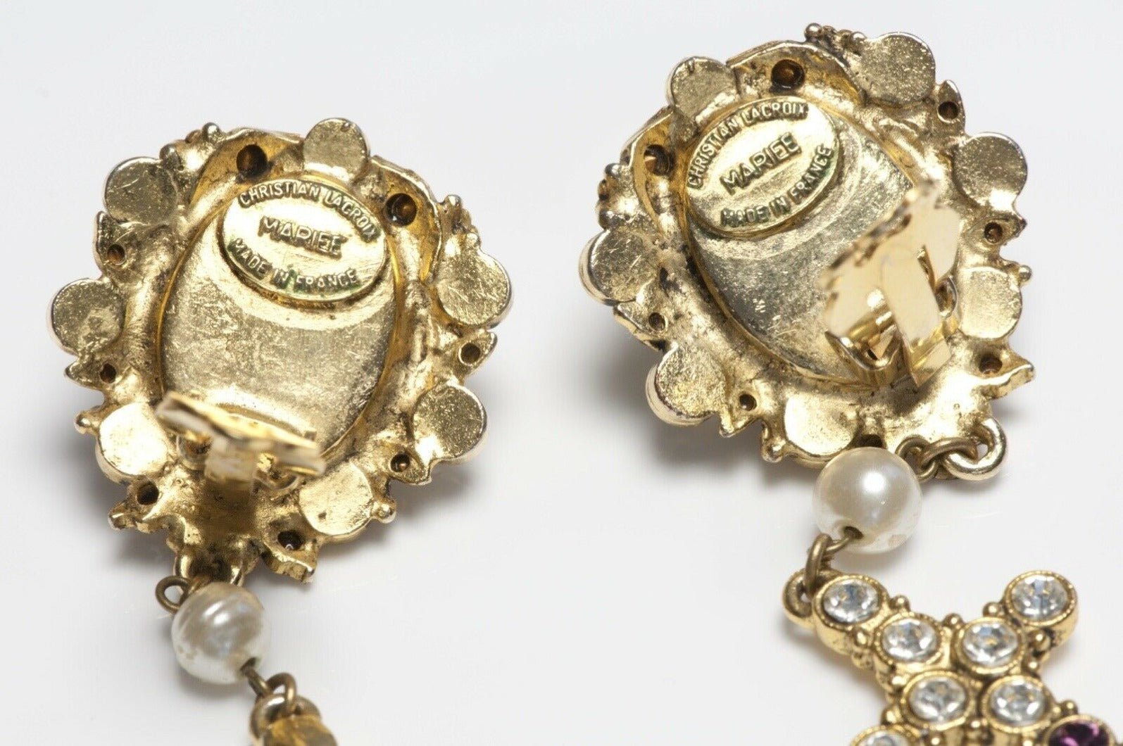 Christian Mariee Lacroix Couture Crystal Pearl Cross Portrait Earrings