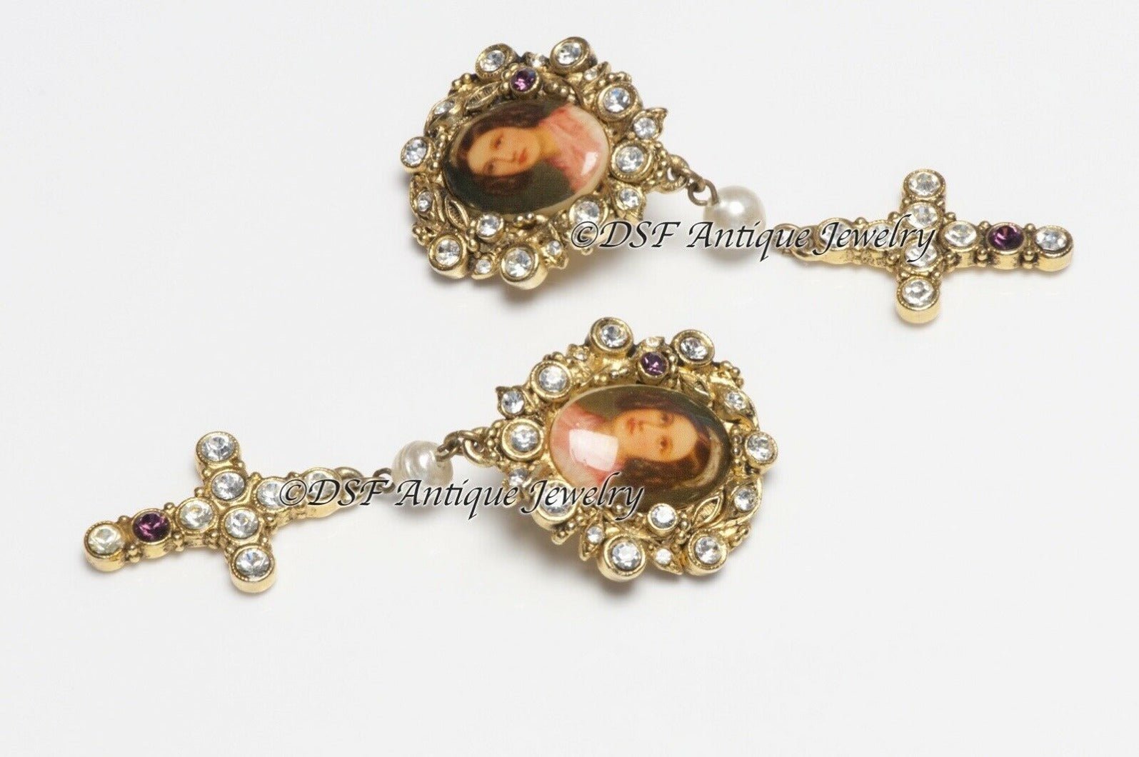 Christian Mariee Lacroix Couture Crystal Pearl Cross Portrait Earrings