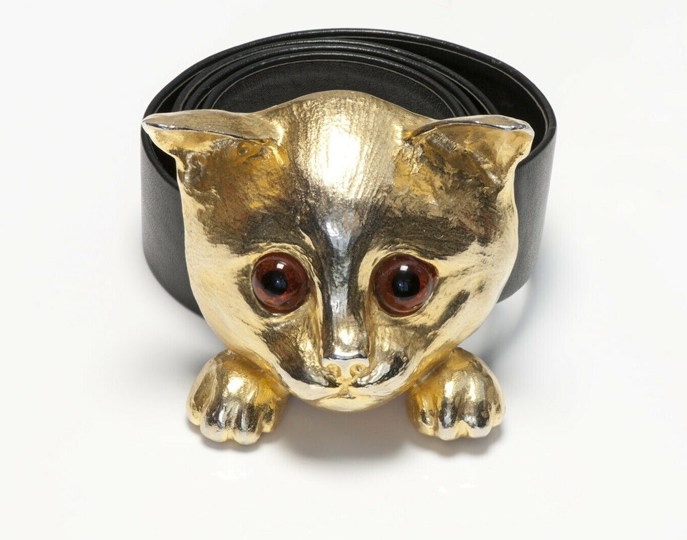 Christopher Ross 1976 24k Gold Plated Cat Buckle Black Leather Belt