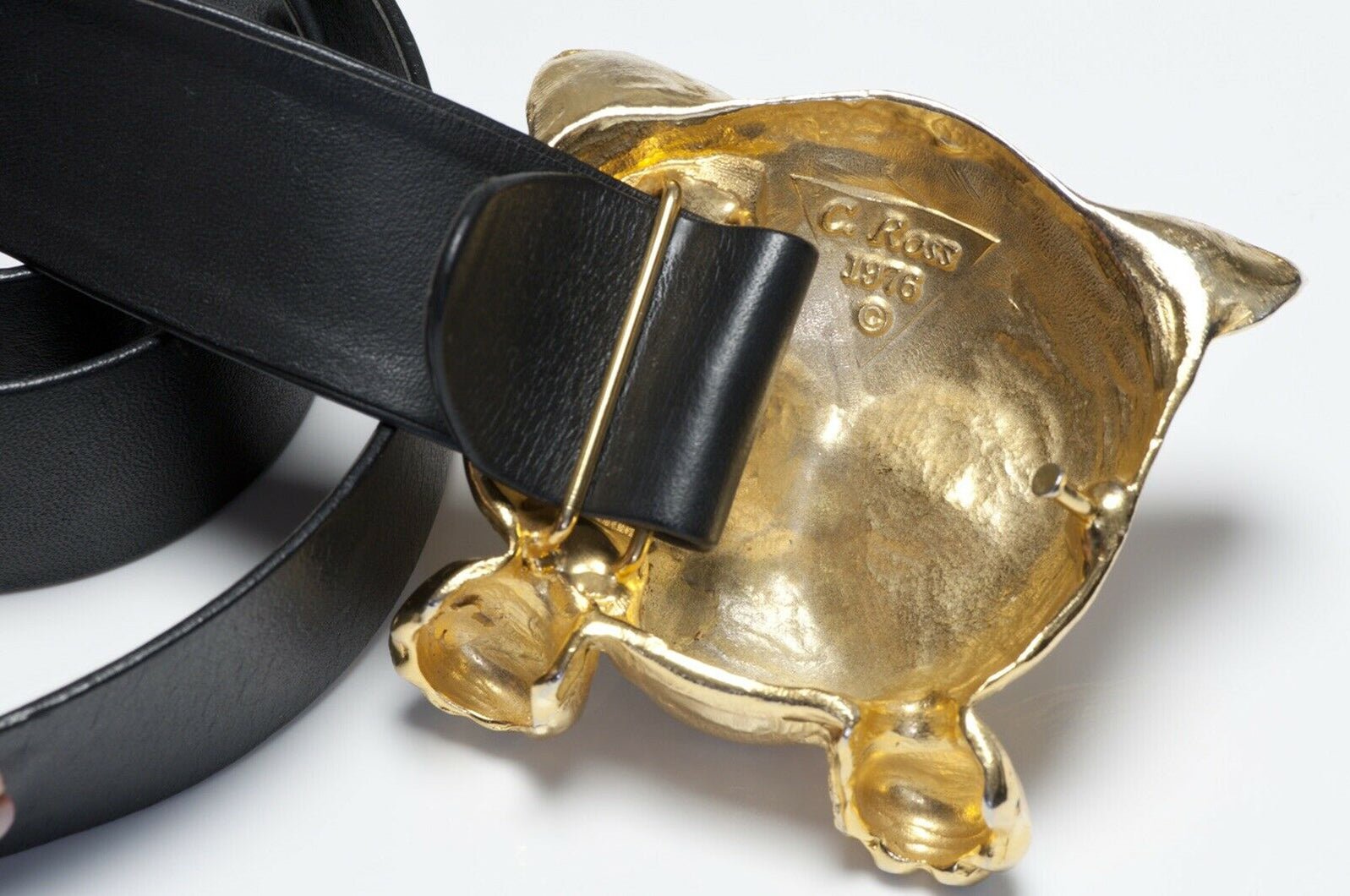 Christopher Ross 1976 24k Gold Plated Cat Buckle Black Leather Belt
