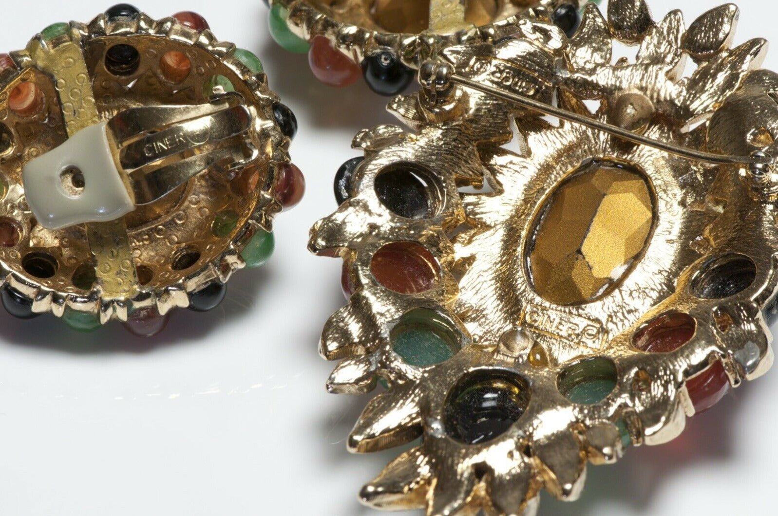CINER Crystal Cabochon Glass Mughal Style Brooch Earrings Set