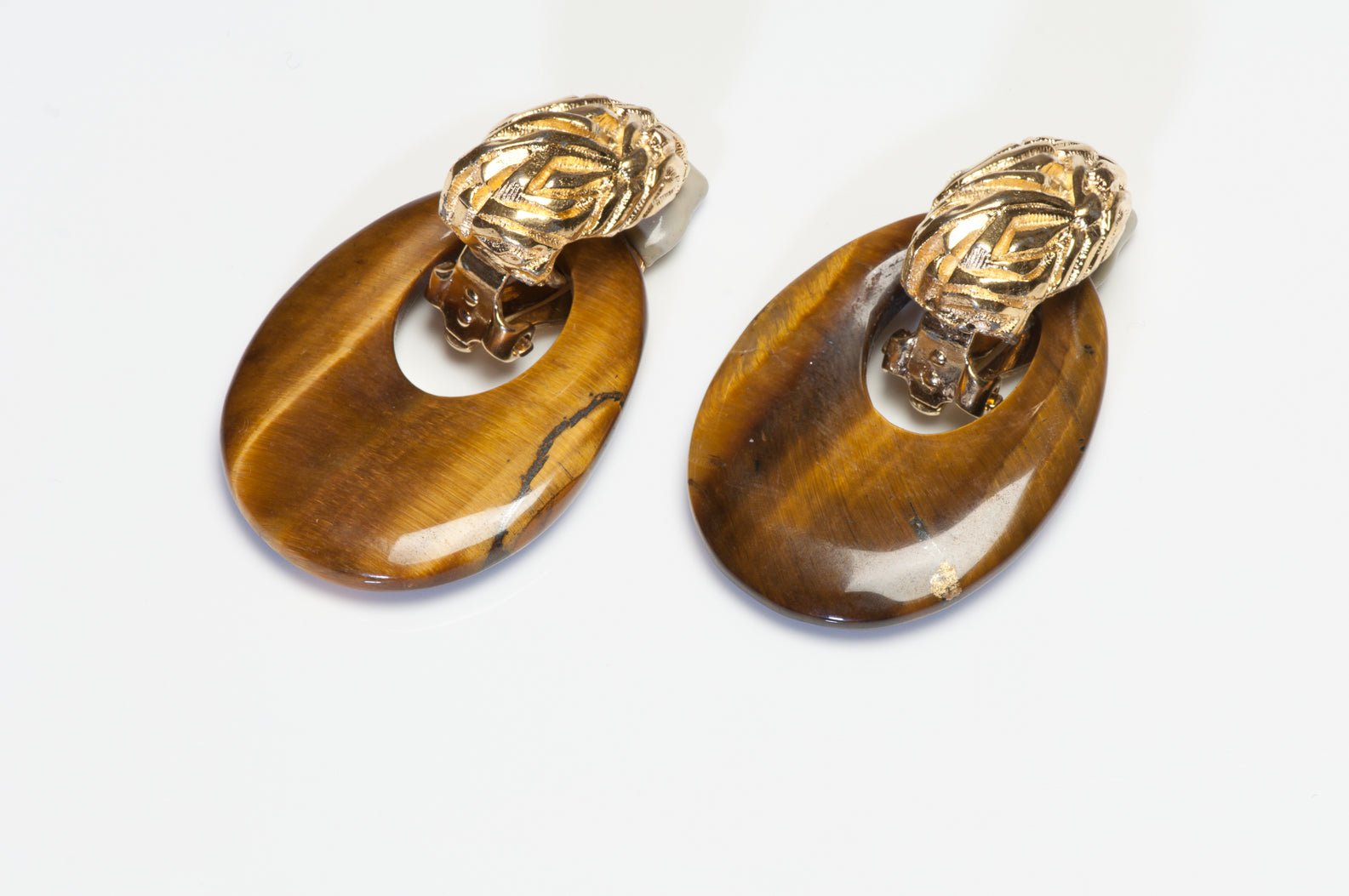 Ciner Gold Plated Tiger’s Eye Interchangeable Door Knocker Earrings