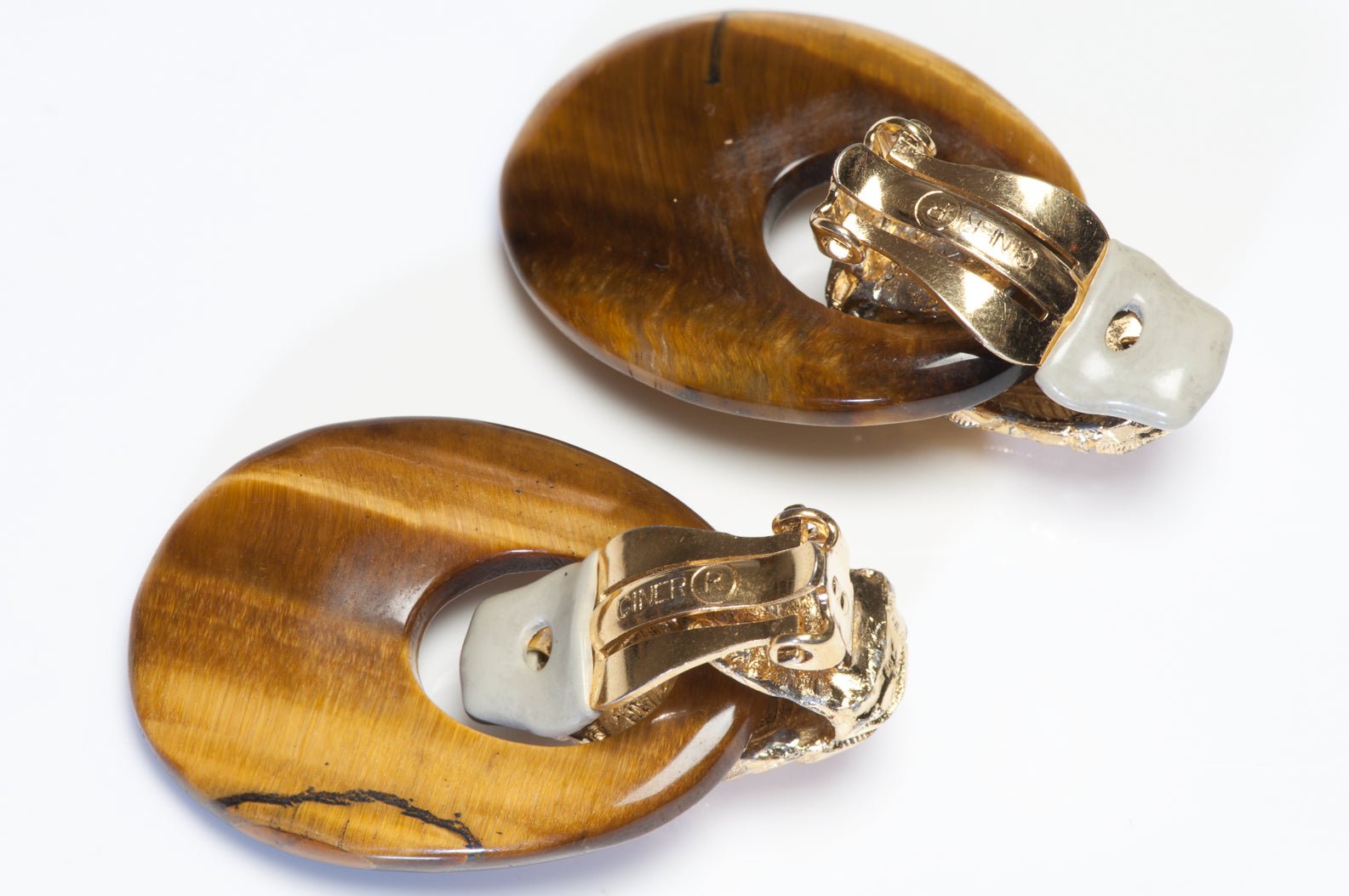 Ciner Gold Plated Tiger’s Eye Interchangeable Door Knocker Earrings