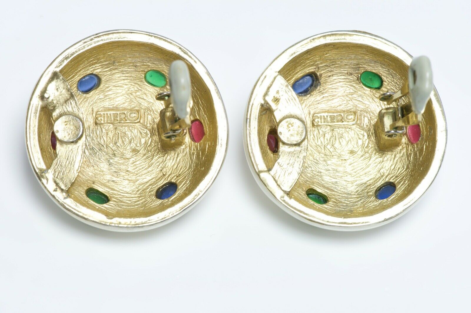 CINER White Enamel Red Green Blue Cabochon Glass Round Earrings