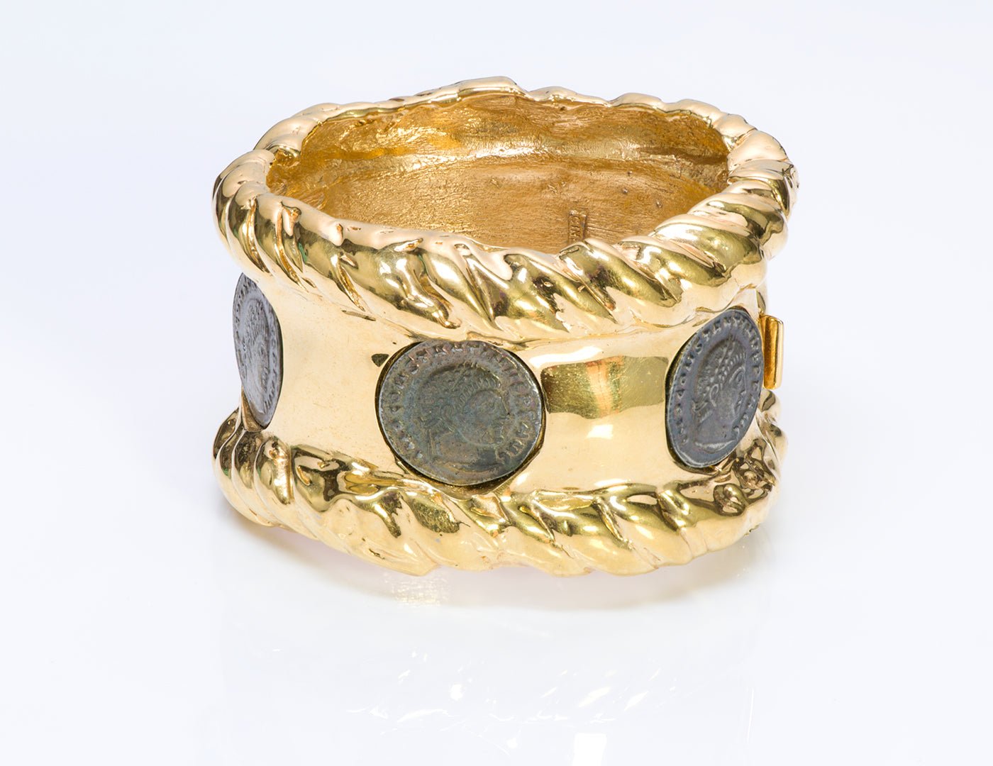 Ciner Wide Gold Tone Coin Bangle Bracelet