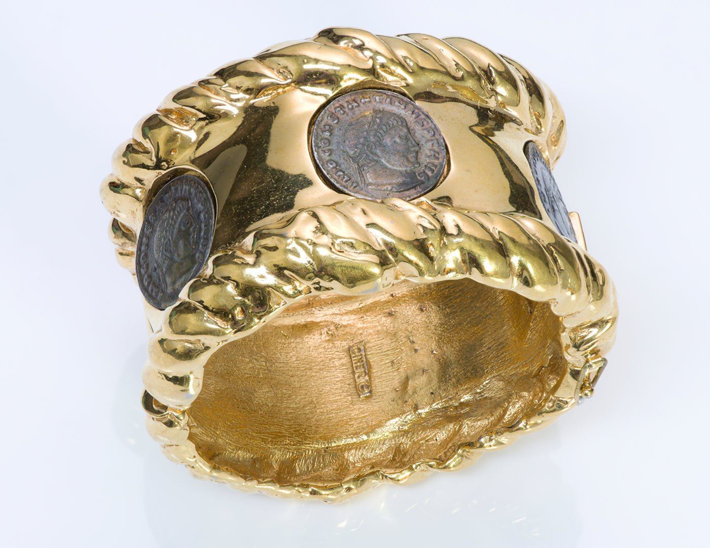 Ciner Wide Gold Tone Coin Bangle Bracelet