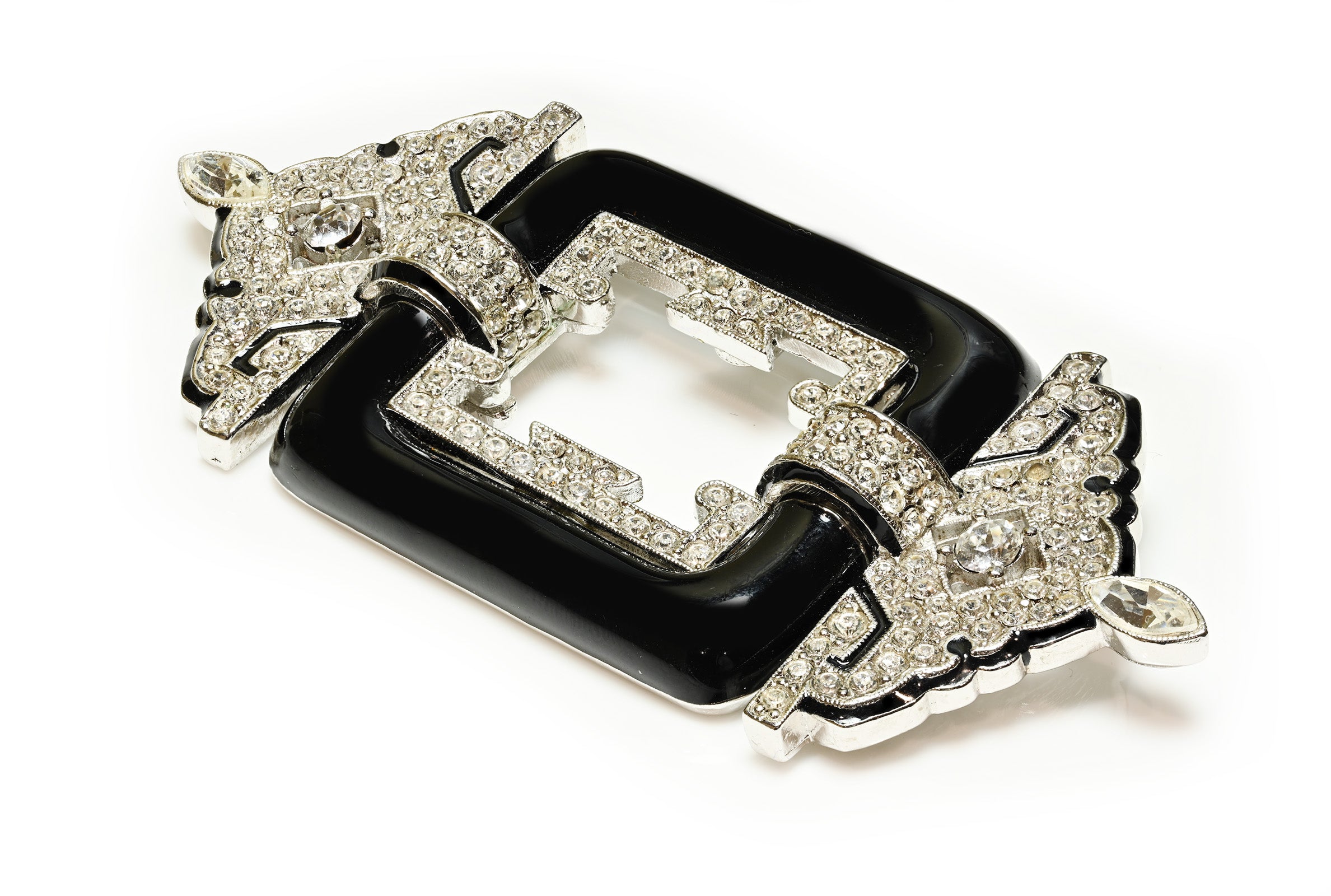 Vintage Ciner Art Deco Black Enamel Crystal Brooch