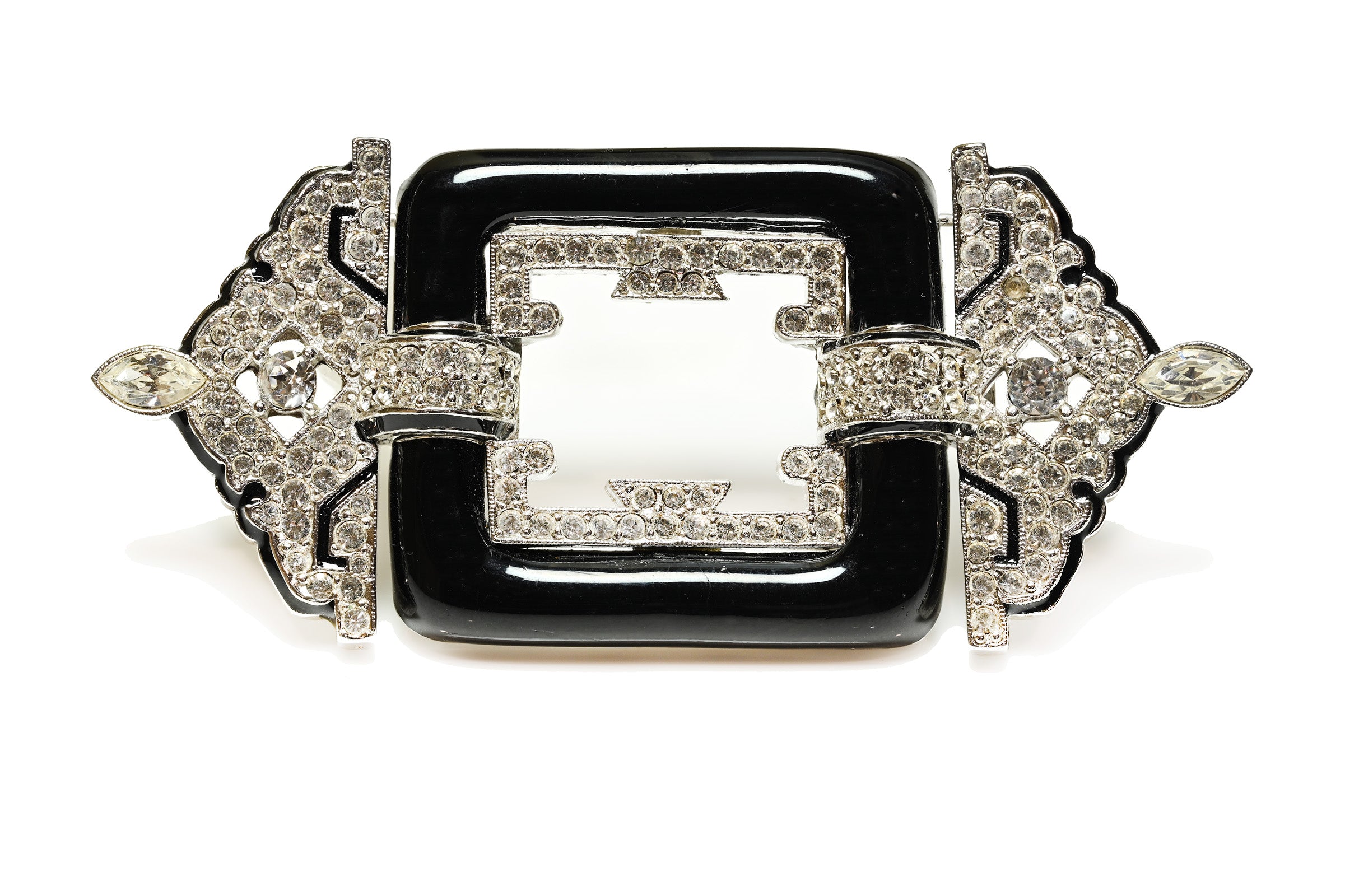 Vintage Ciner Art Deco Style Black Enamel Crystal Brooch