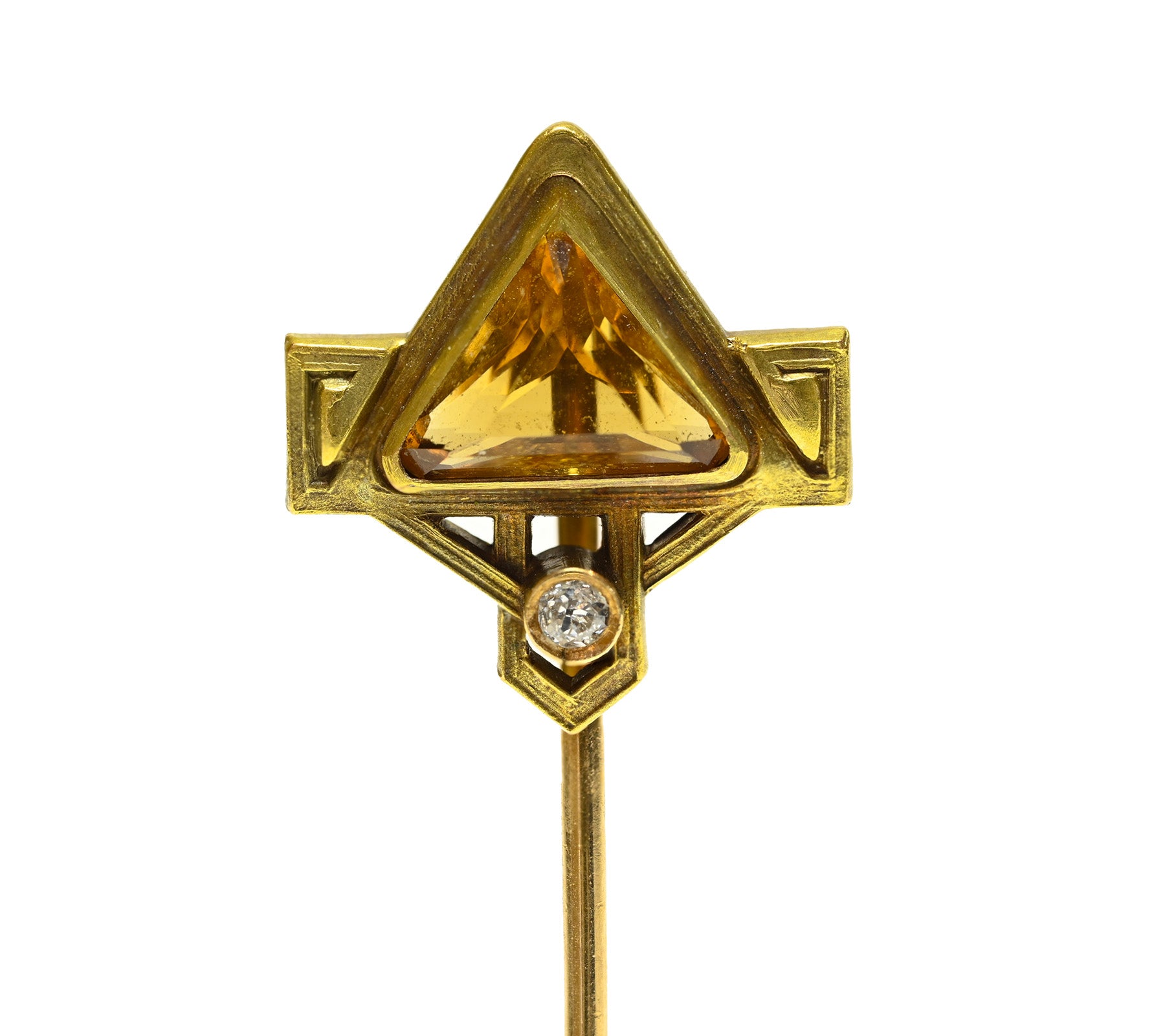Art Nouveau to Art Deco Citrine Diamond Gold Stick Pin