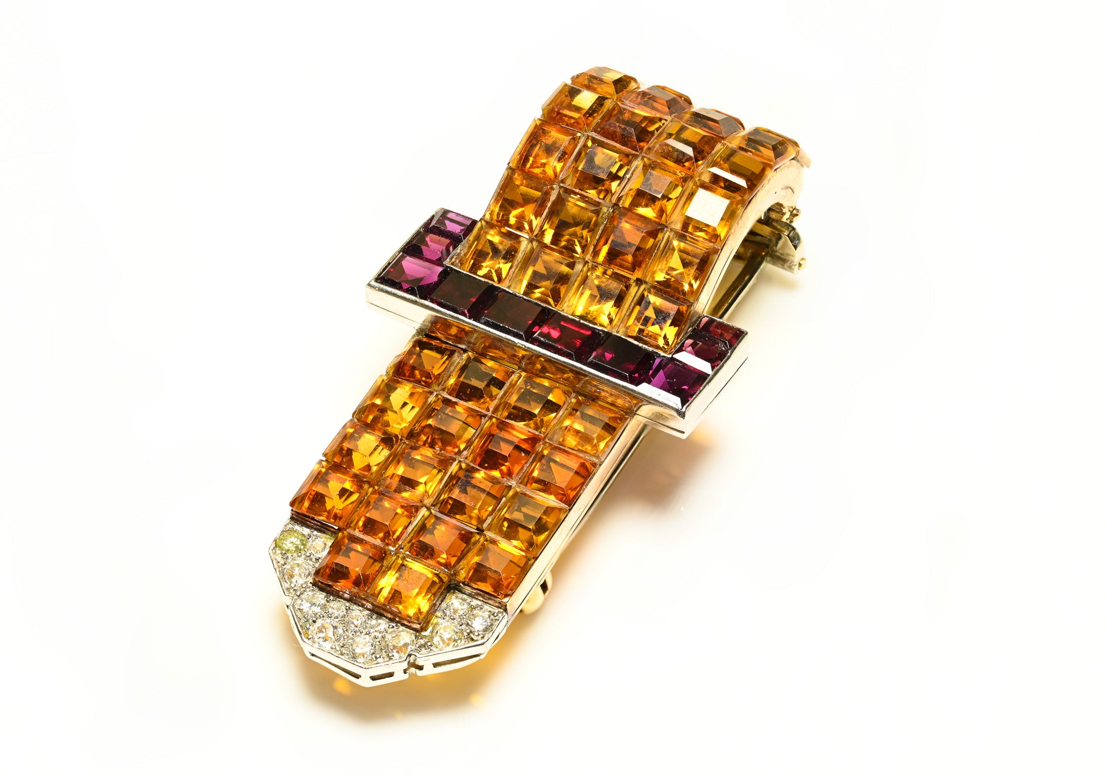 18K Gold Invisible-Set Citrine, Garnet, and Diamond Buckle Brooch