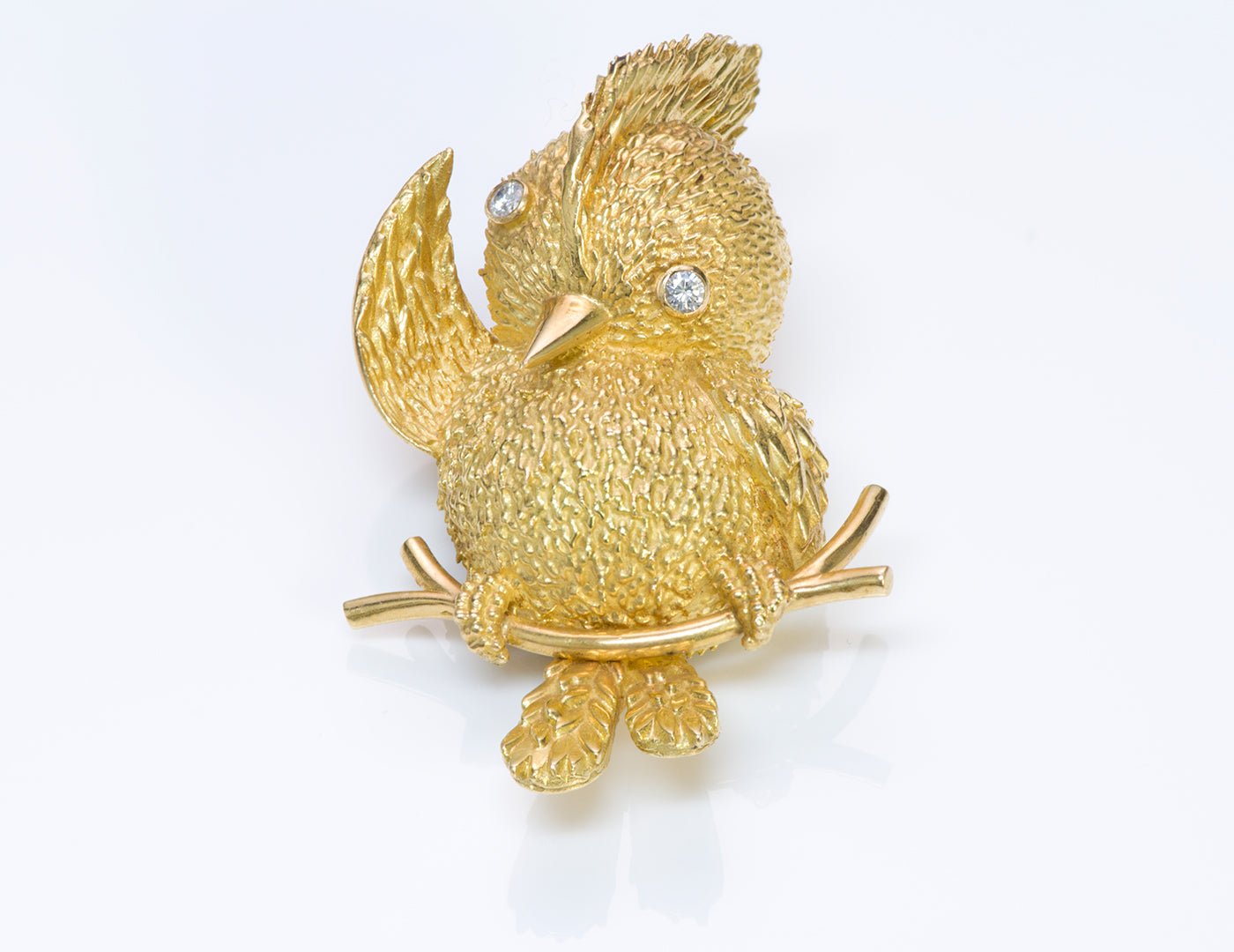Civanyan Paris 18K Gold Diamond Tufted Titmouse Bird Brooch Pin