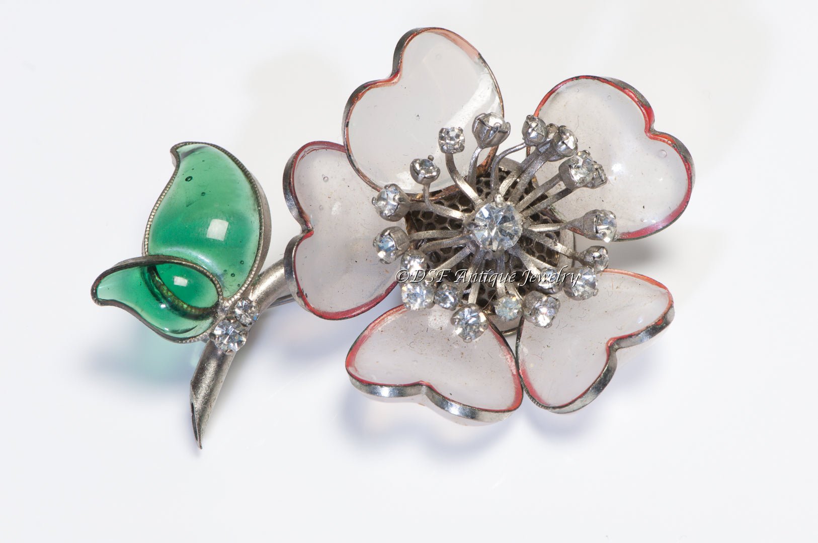 Coco Chanel 1930’s Gripoix Green White Glass Camellia Flower Brooch