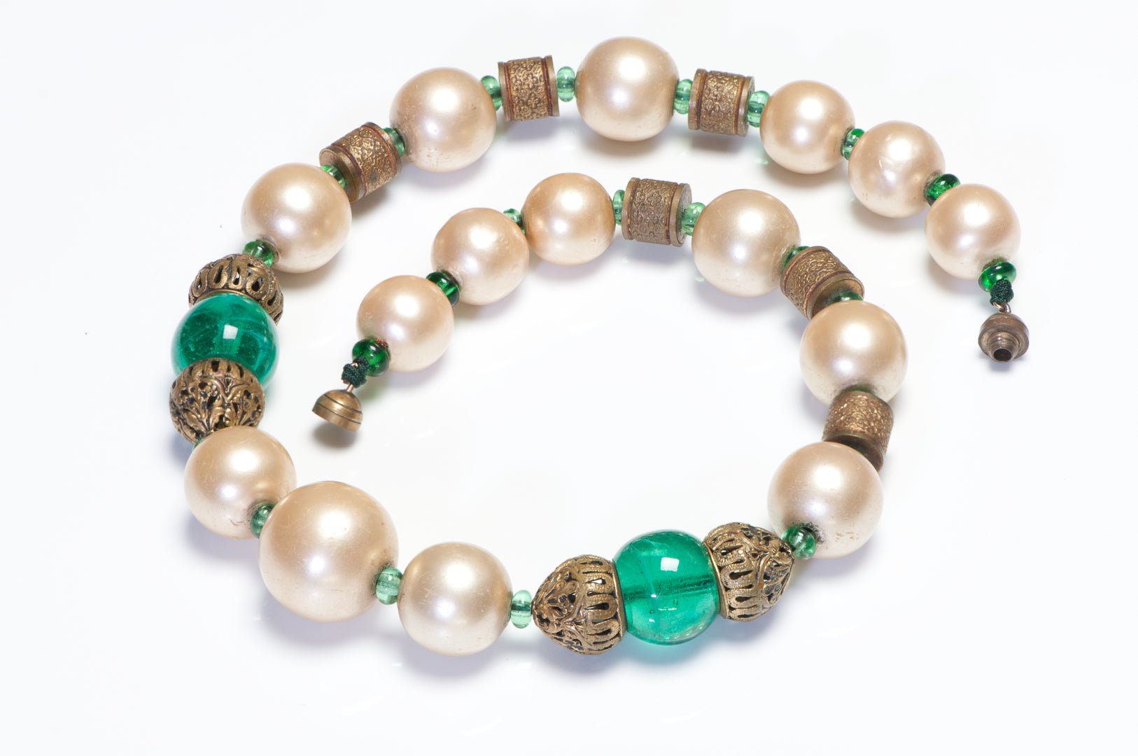 Coco Chanel 1950’s Maison Gripoix Green Glass Beads Pearl Collar Necklace
