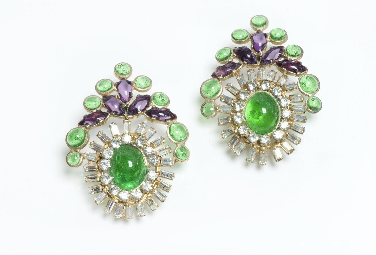 Coco CHANEL 1950’s Maison Gripoix Green Purple Cabochon Glass Crystal Earrings