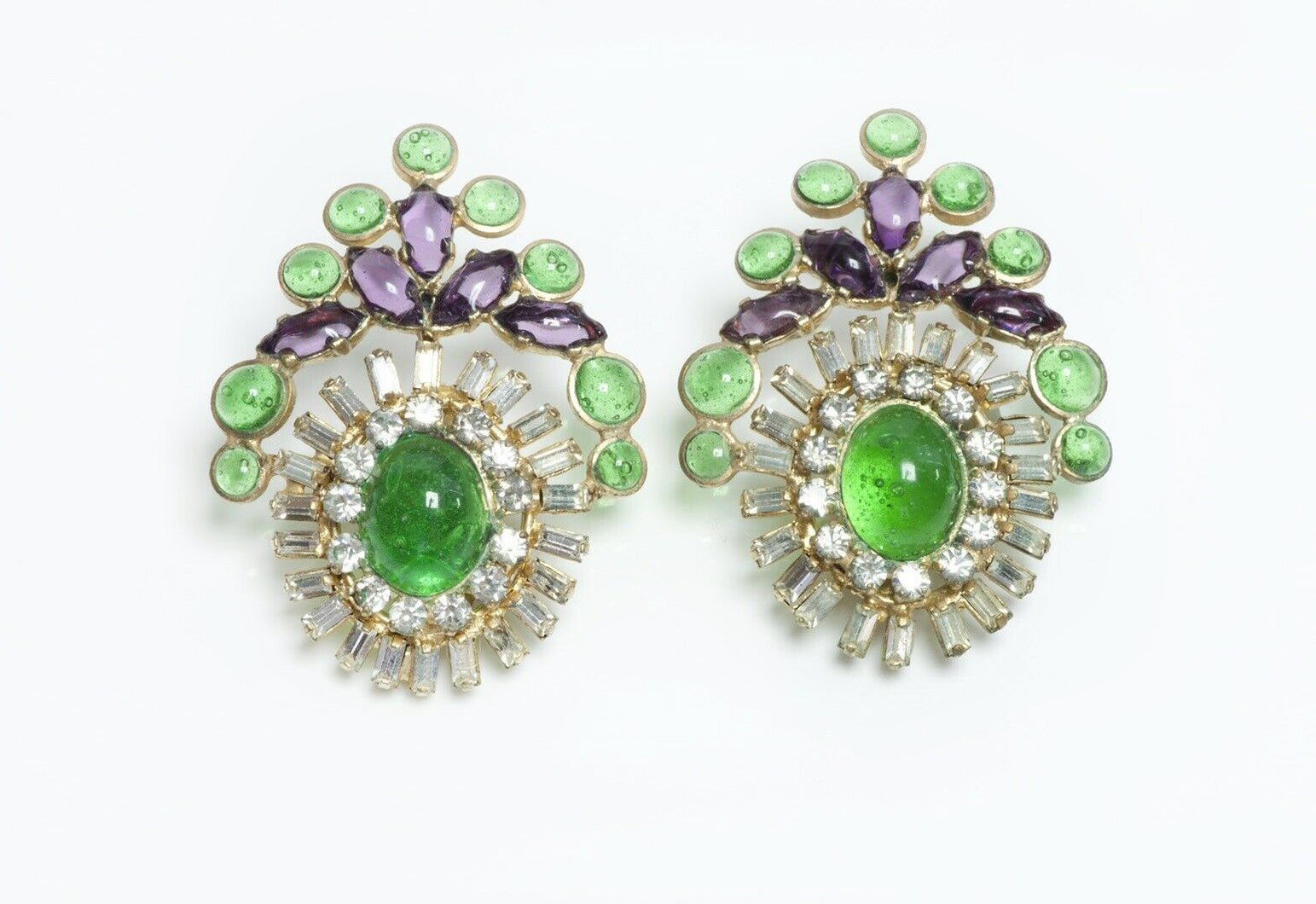 Coco CHANEL 1950’s Maison Gripoix Green Purple Cabochon Glass Crystal Earrings