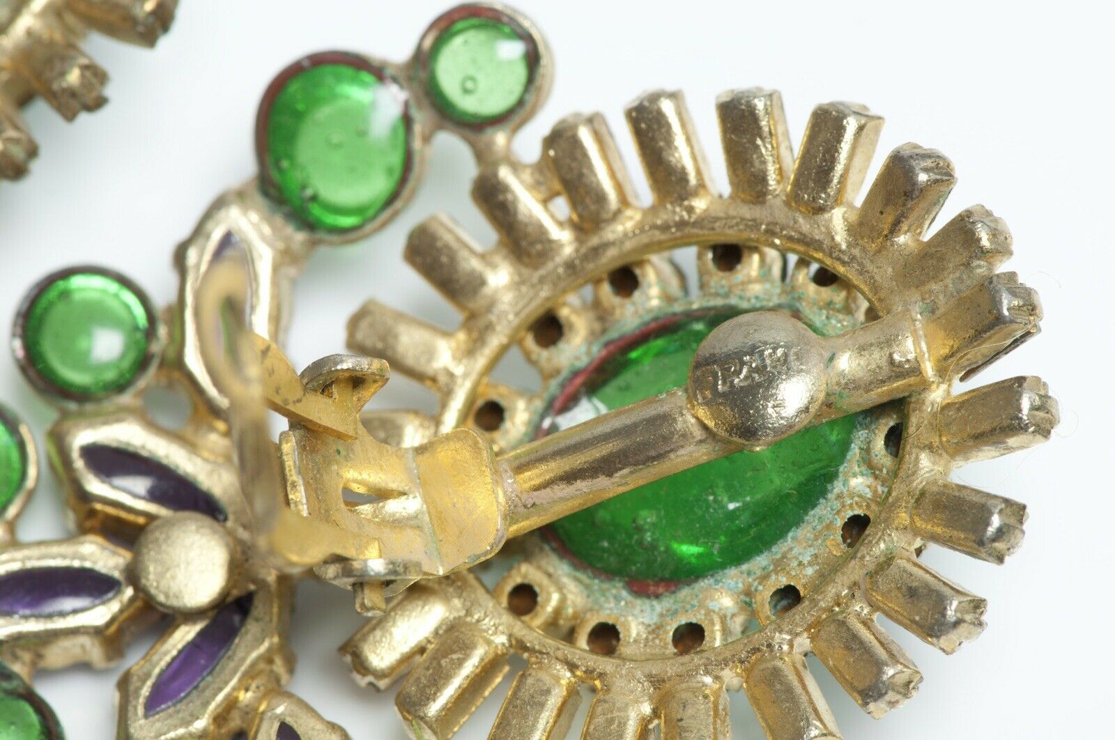 Coco CHANEL 1950’s Maison Gripoix Green Purple Cabochon Glass Crystal Earrings