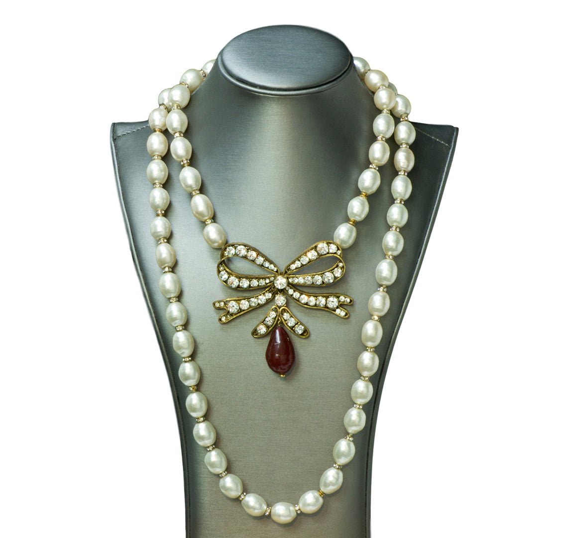 Rare 1980's Chanel Paris Maison Gripoix Red Glass Pearl Bow Necklace