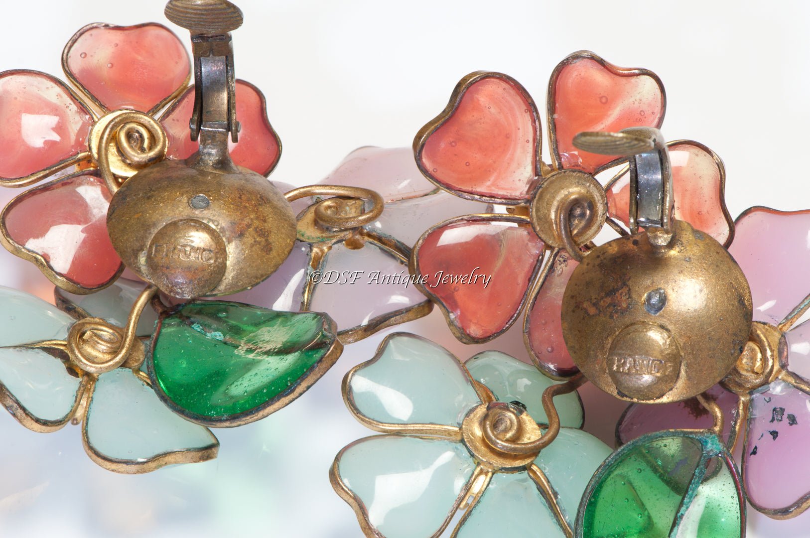 Coco Chanel Paris 1930’s Gripoix Pink Green Red Glass Camellia Flower Earrings