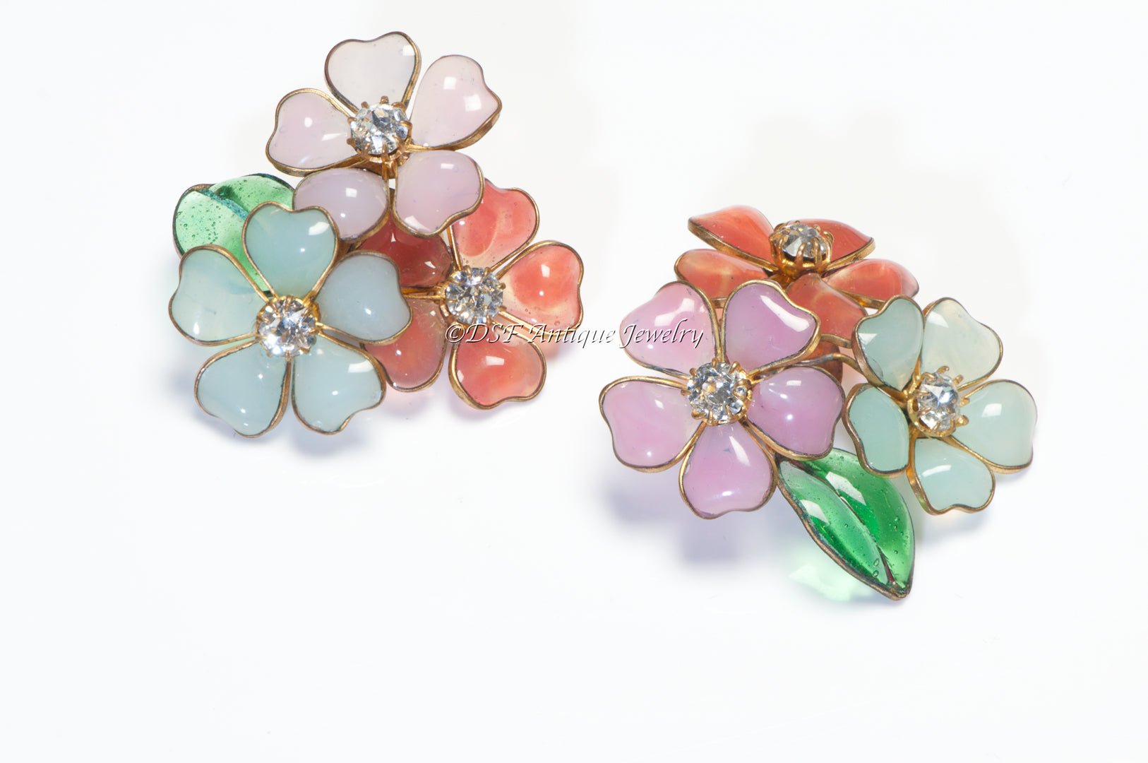 Coco Chanel Paris 1930’s Gripoix Pink Green Red Glass Camellia Flower Earrings