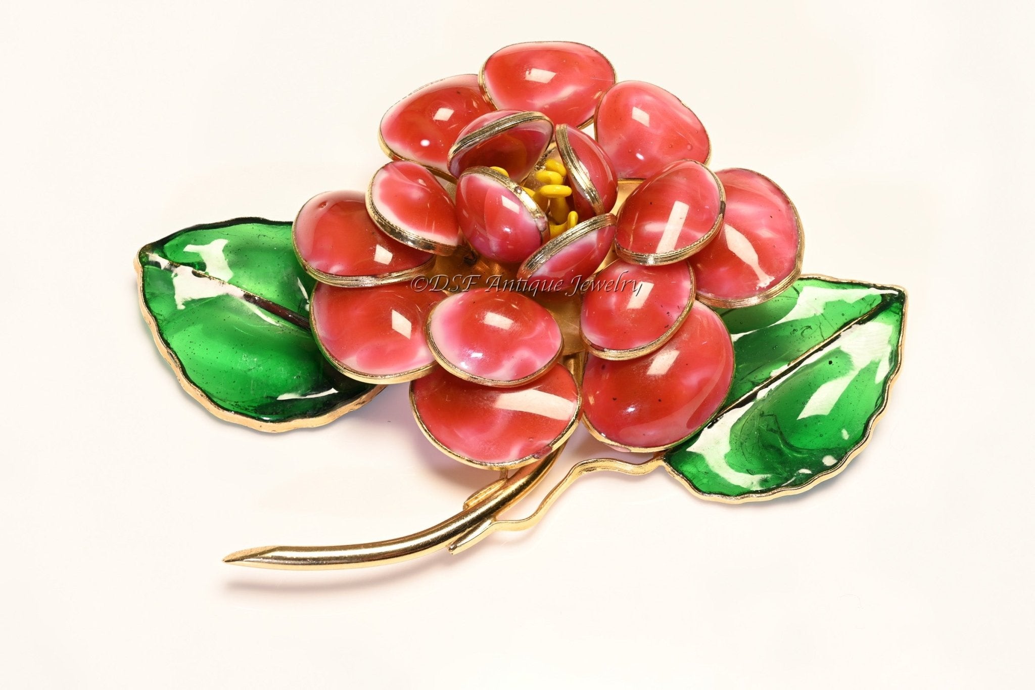 Coco Chanel Paris 1930’s Gripoix Red Green Poured Glass Camellia Flower Brooch