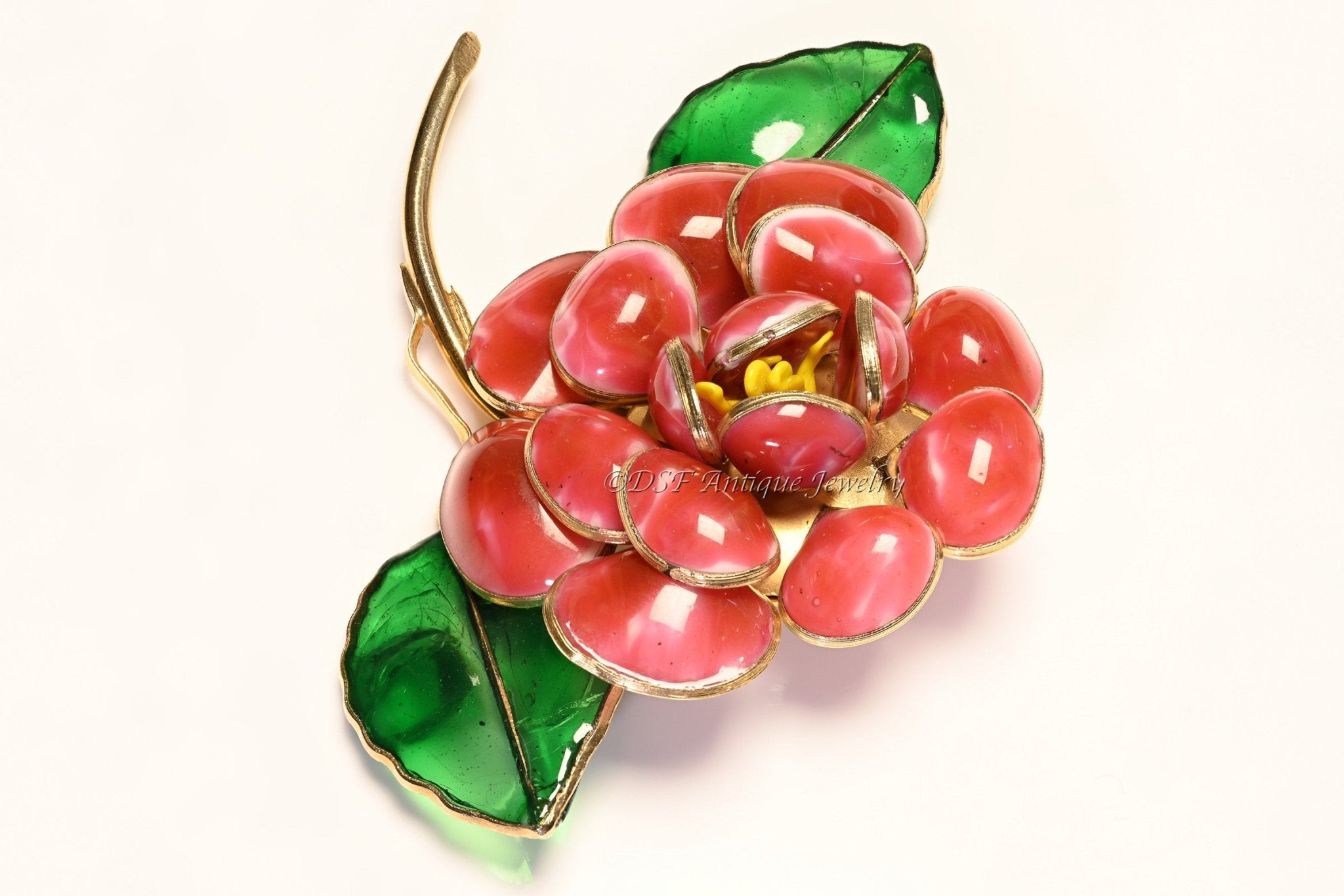 Coco Chanel Paris 1930’s Gripoix Red Green Poured Glass Camellia Flower Brooch