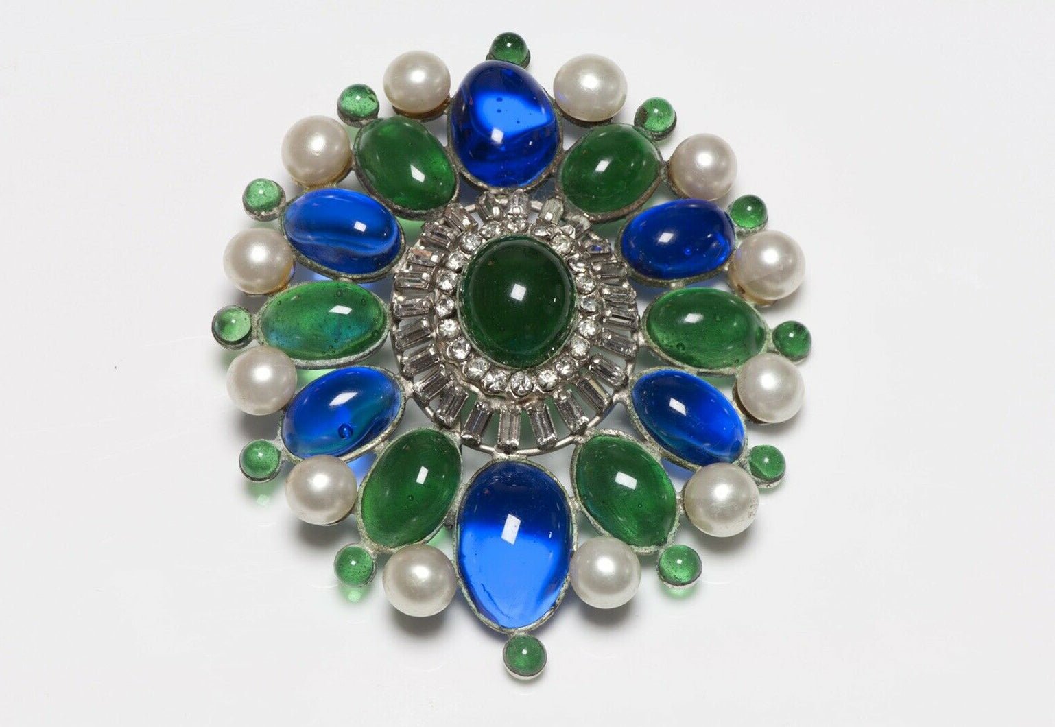 Coco CHANEL Paris 1950’s Gripoix Blue Green Glass Pearl Brooch