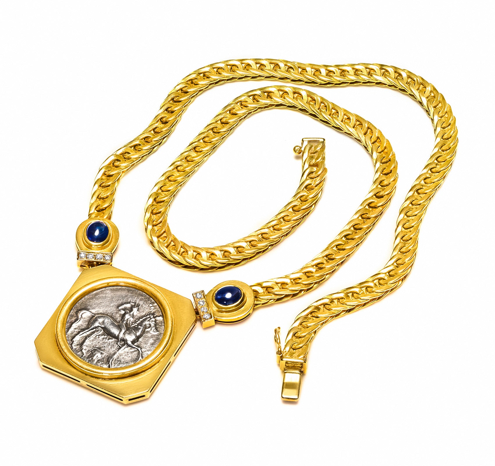Ancient Coin Necklace 18K Gold Sapphire Diamond