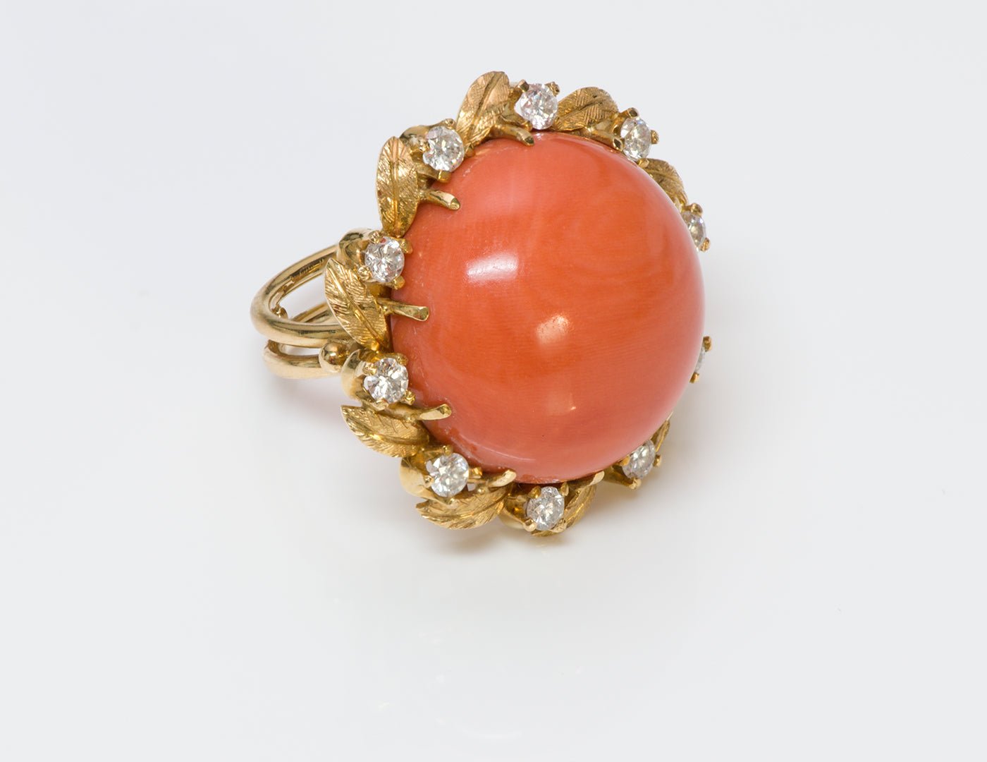 Coral Diamond 18K Gold Earrings Ring Set