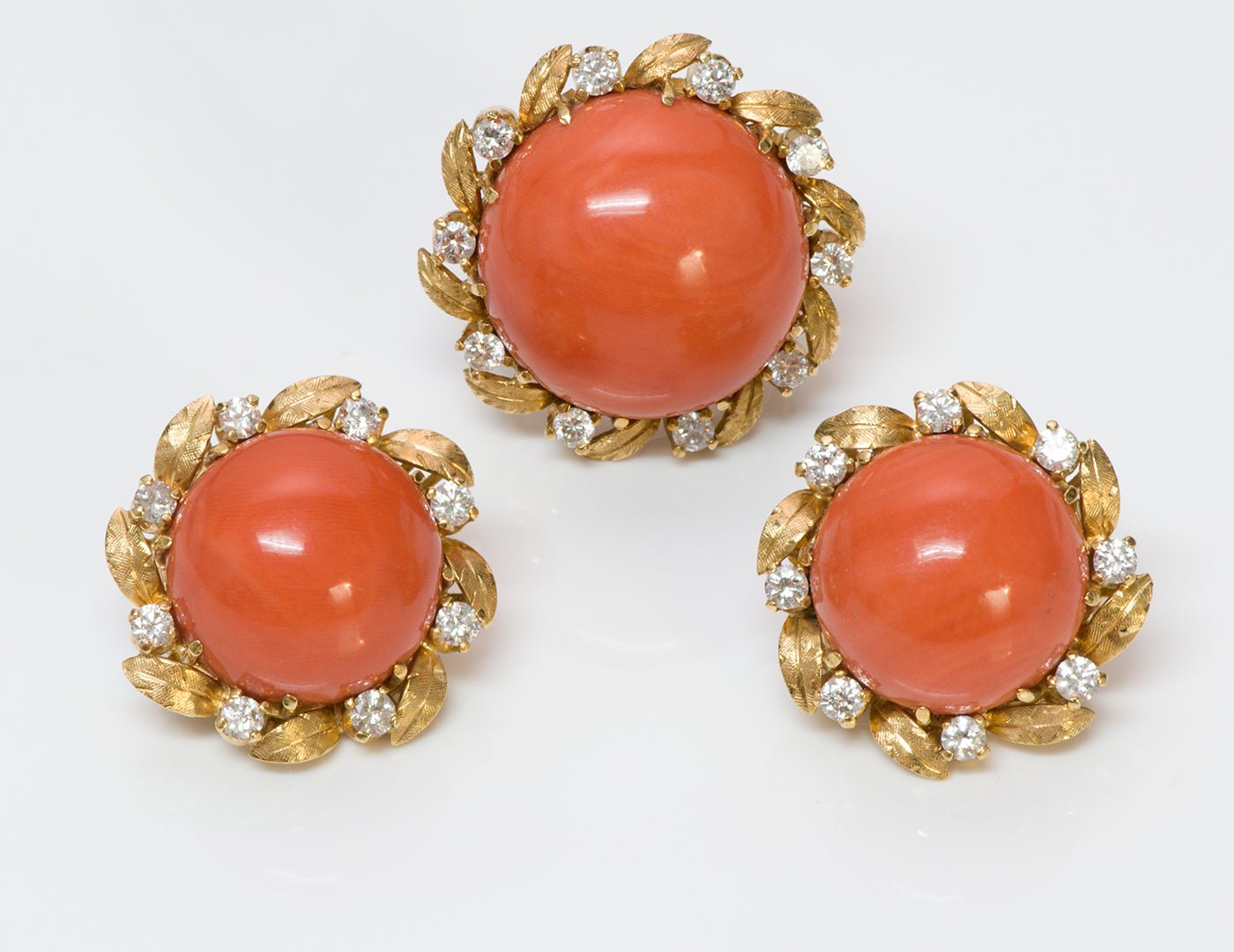 Coral Diamond 18K Gold Earrings Ring Set